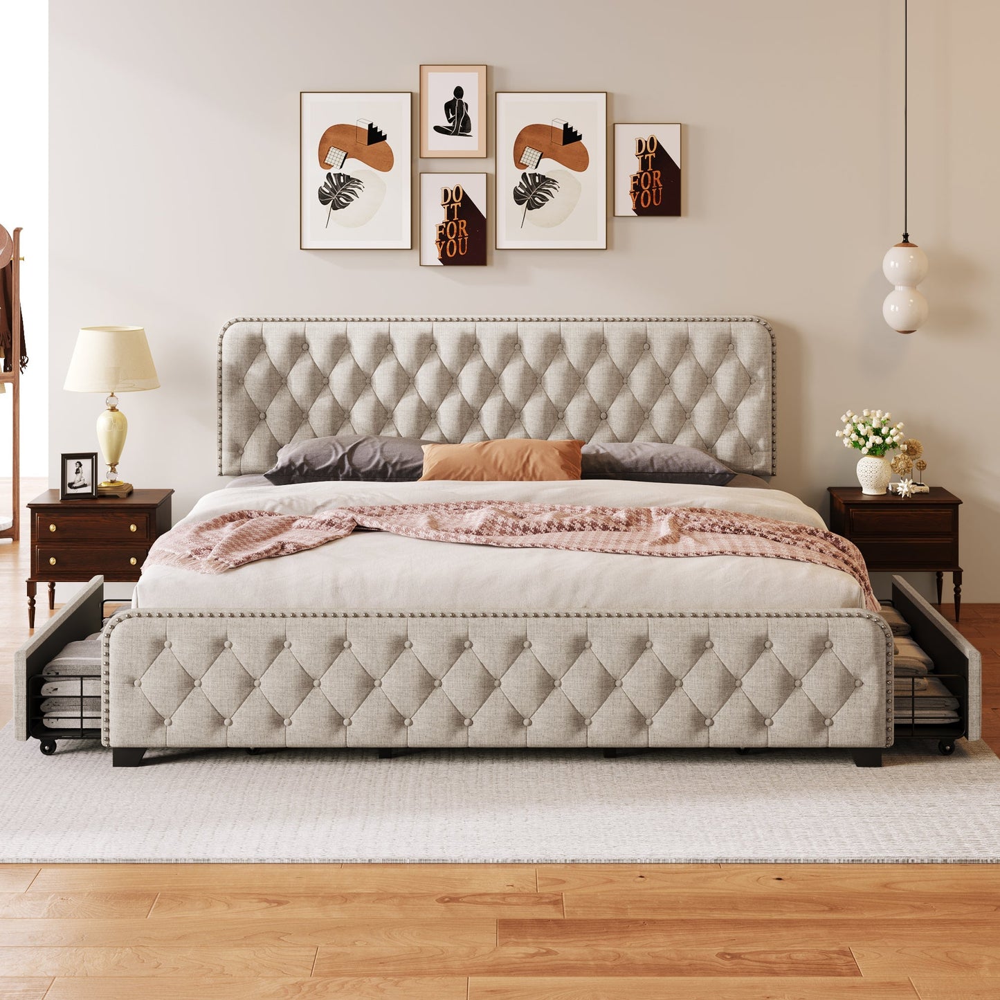Day Upholstered Platform Bed with Tufted and Four Drawers