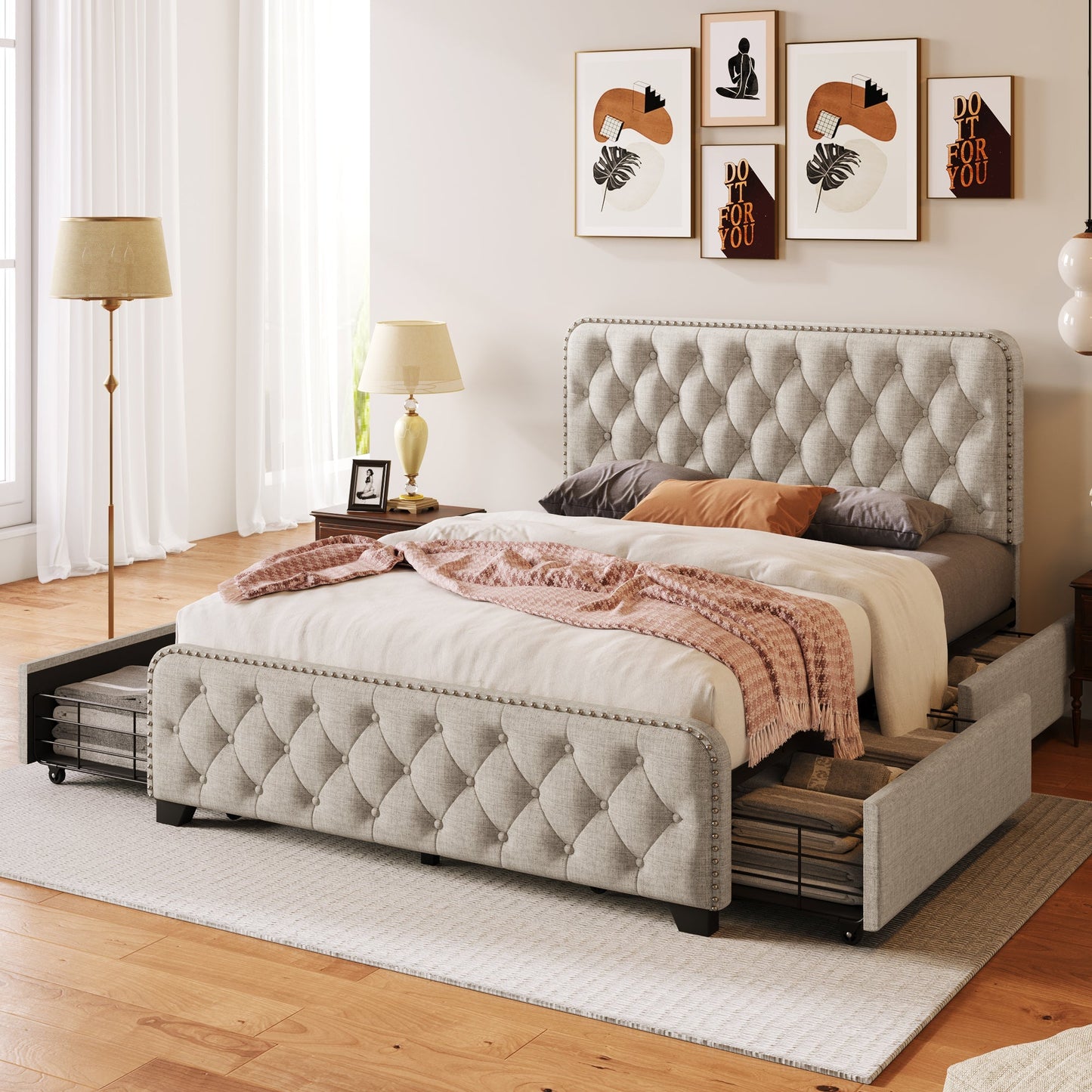Day Upholstered Platform Bed with Tufted and Four Drawers