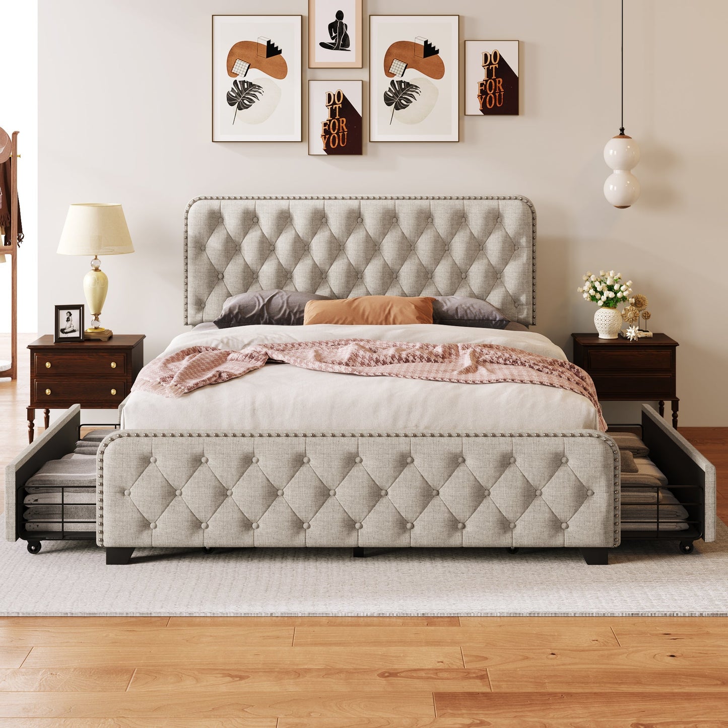 Day Upholstered Platform Bed with Tufted and Four Drawers