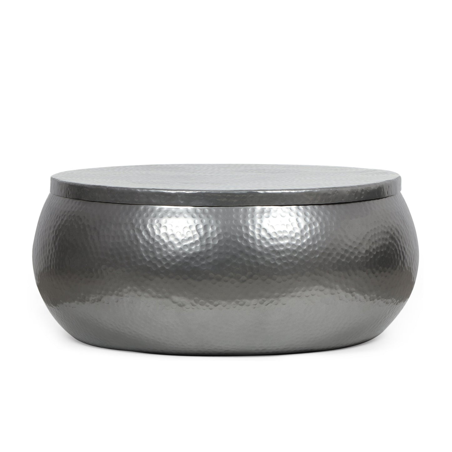 Aluminum Drum Coffee Table with Hammered Metal Pattern