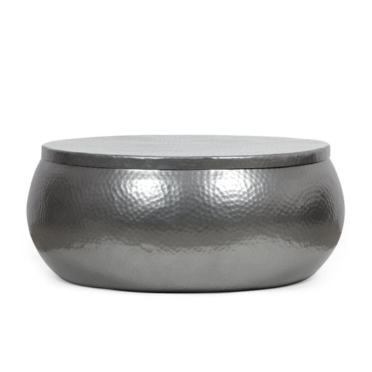 Aluminum Drum Coffee Table with Hammered Metal Pattern