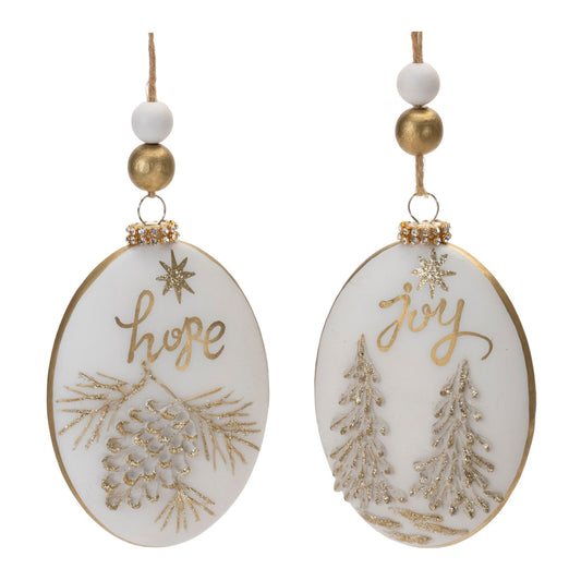 Glittered Glass Hope and Joy Ornament with Wood Beads, Set of 12