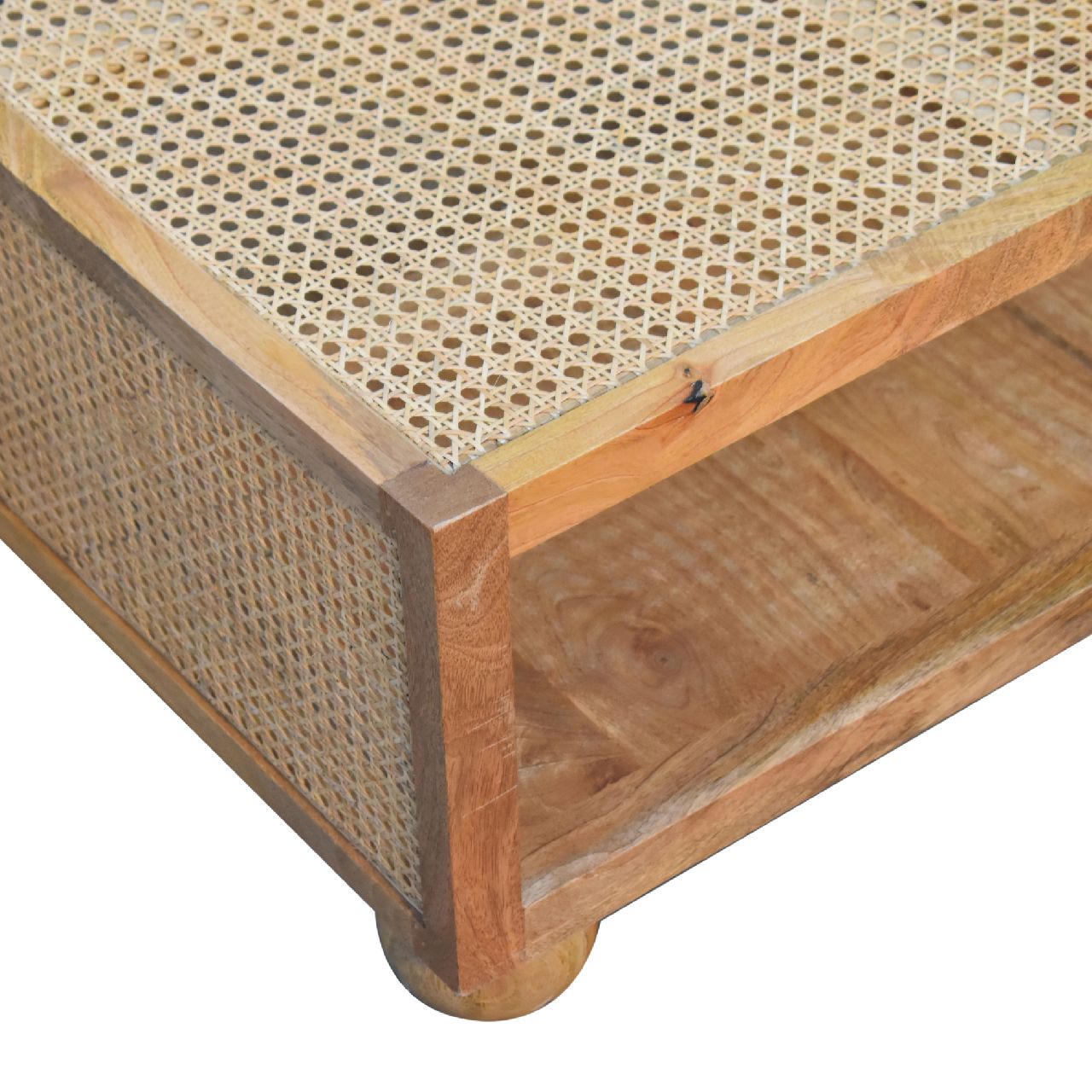 Decipher Wood and Rattan Large Coffee Table with Ball-Shaped Legs