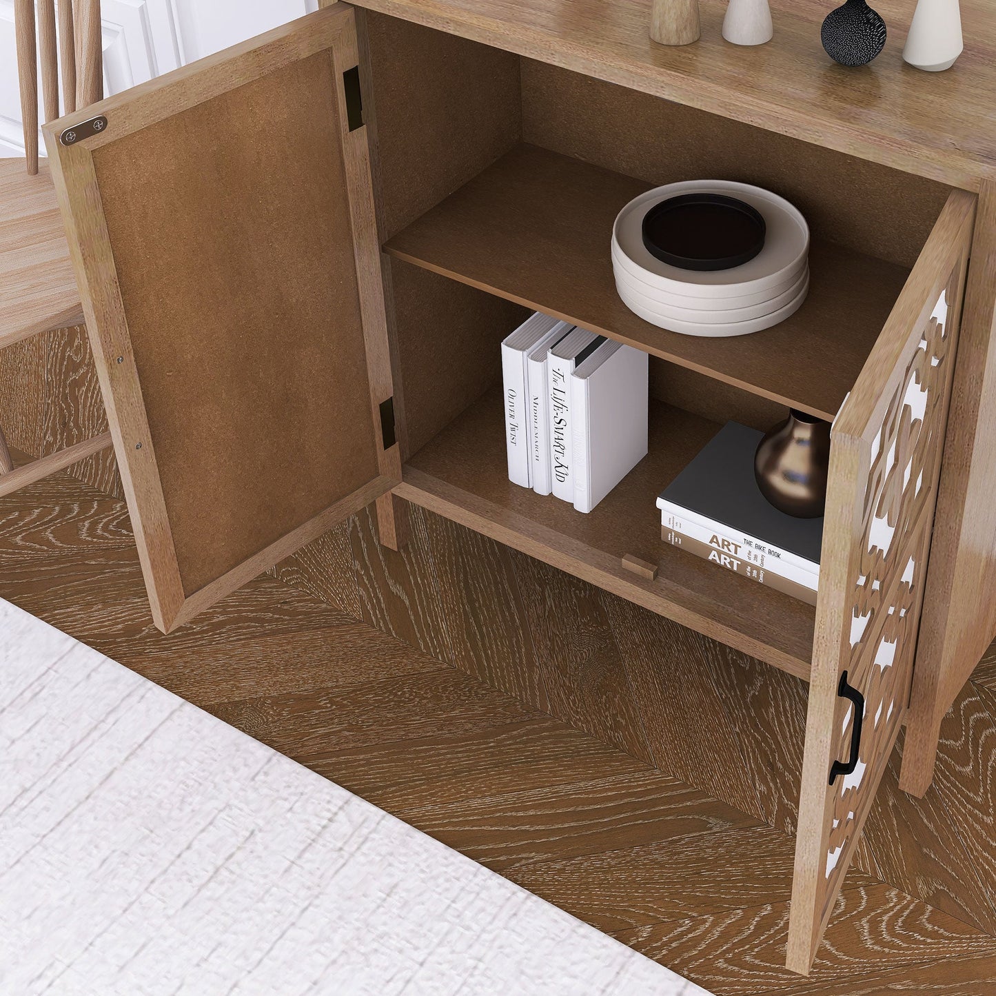 Hand-Carved 2 Doors Accent Cabinet with Shelves and Metal Handle