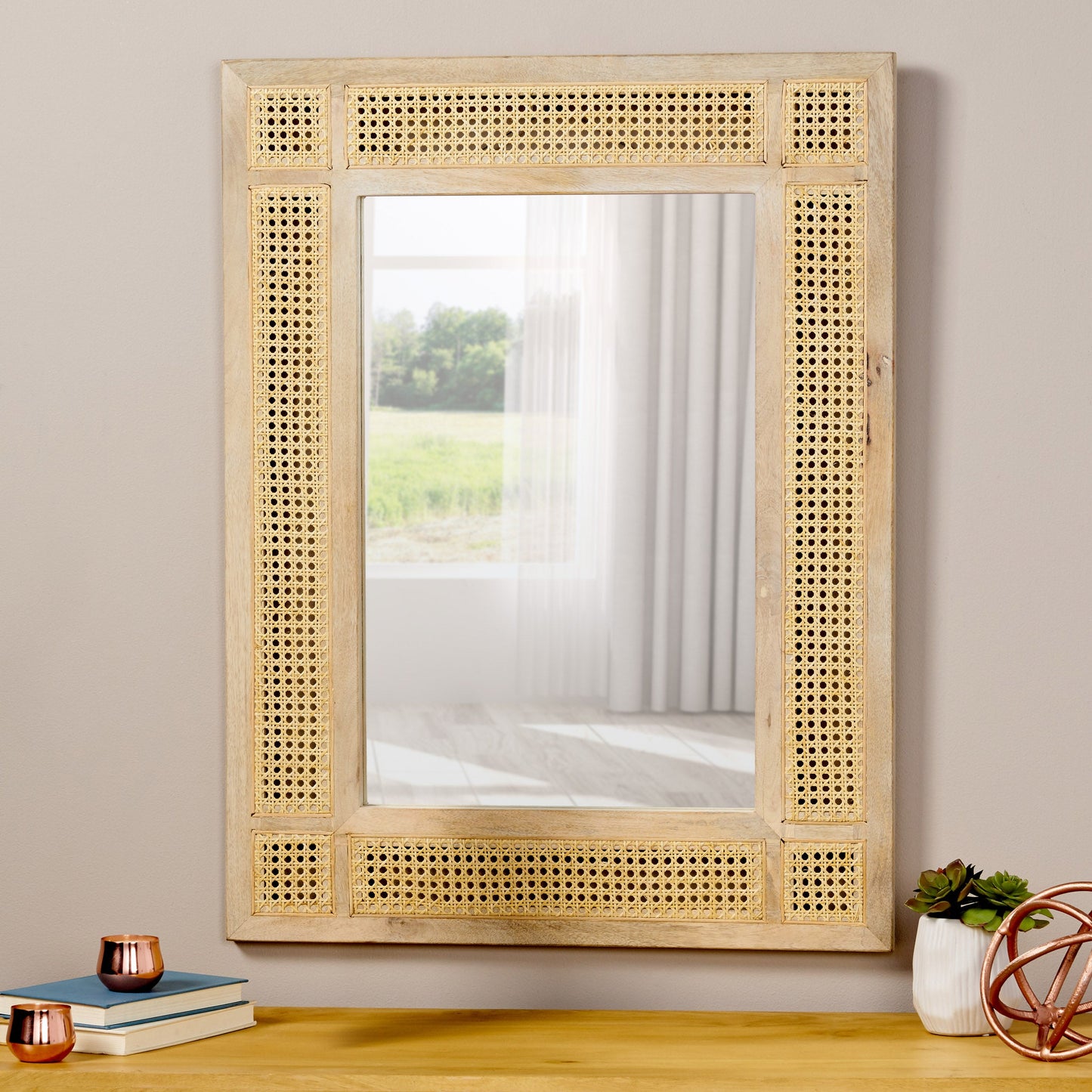 Wall Mirror with Mango Wood Frame and Wicker Border