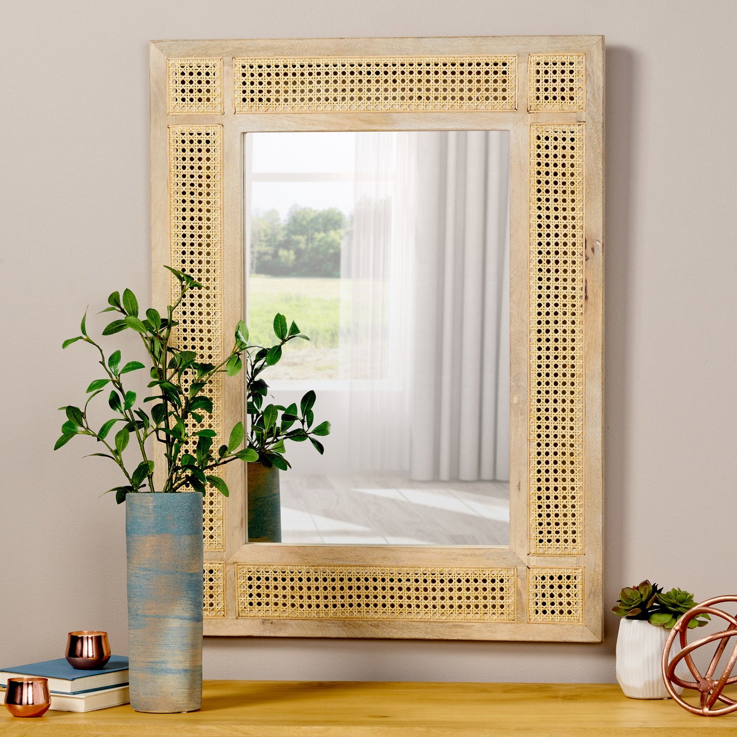 Wall Mirror with Mango Wood Frame and Wicker Border