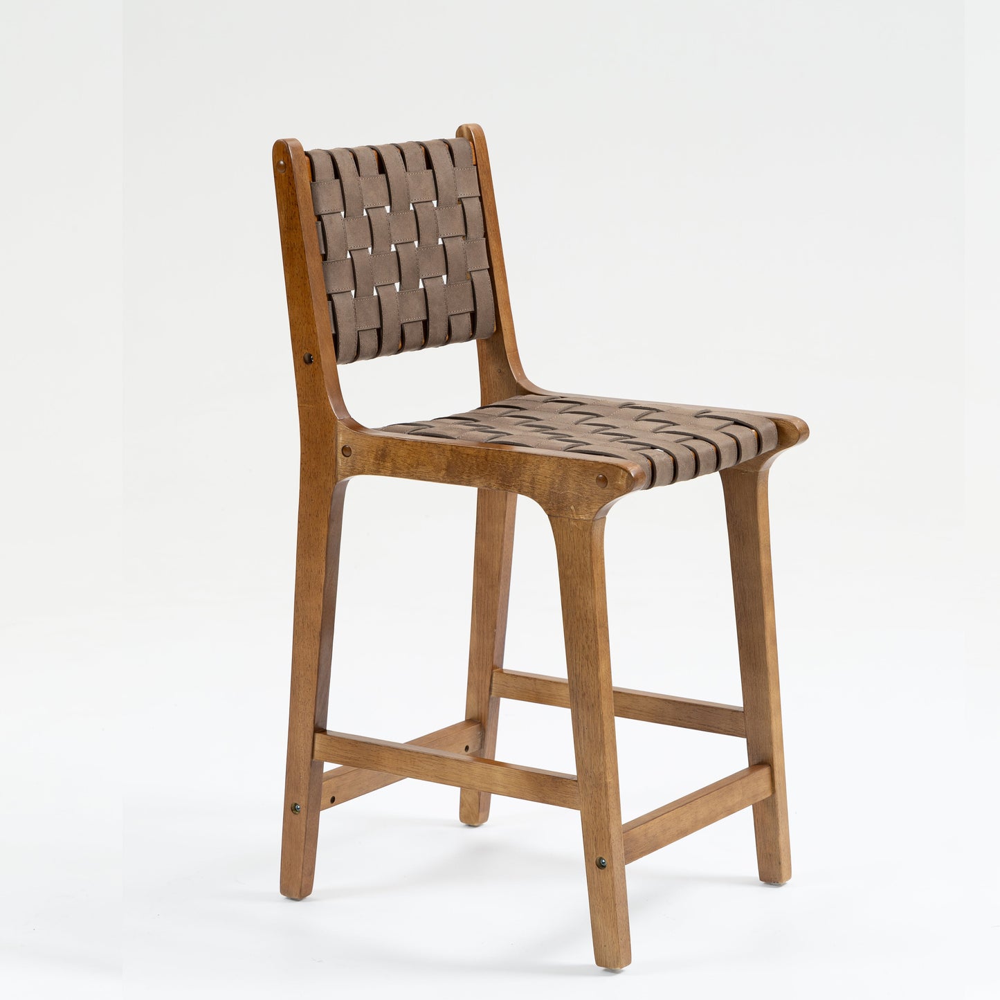 Counter Stool with Leather Woven and Wood Frame, Set of 2