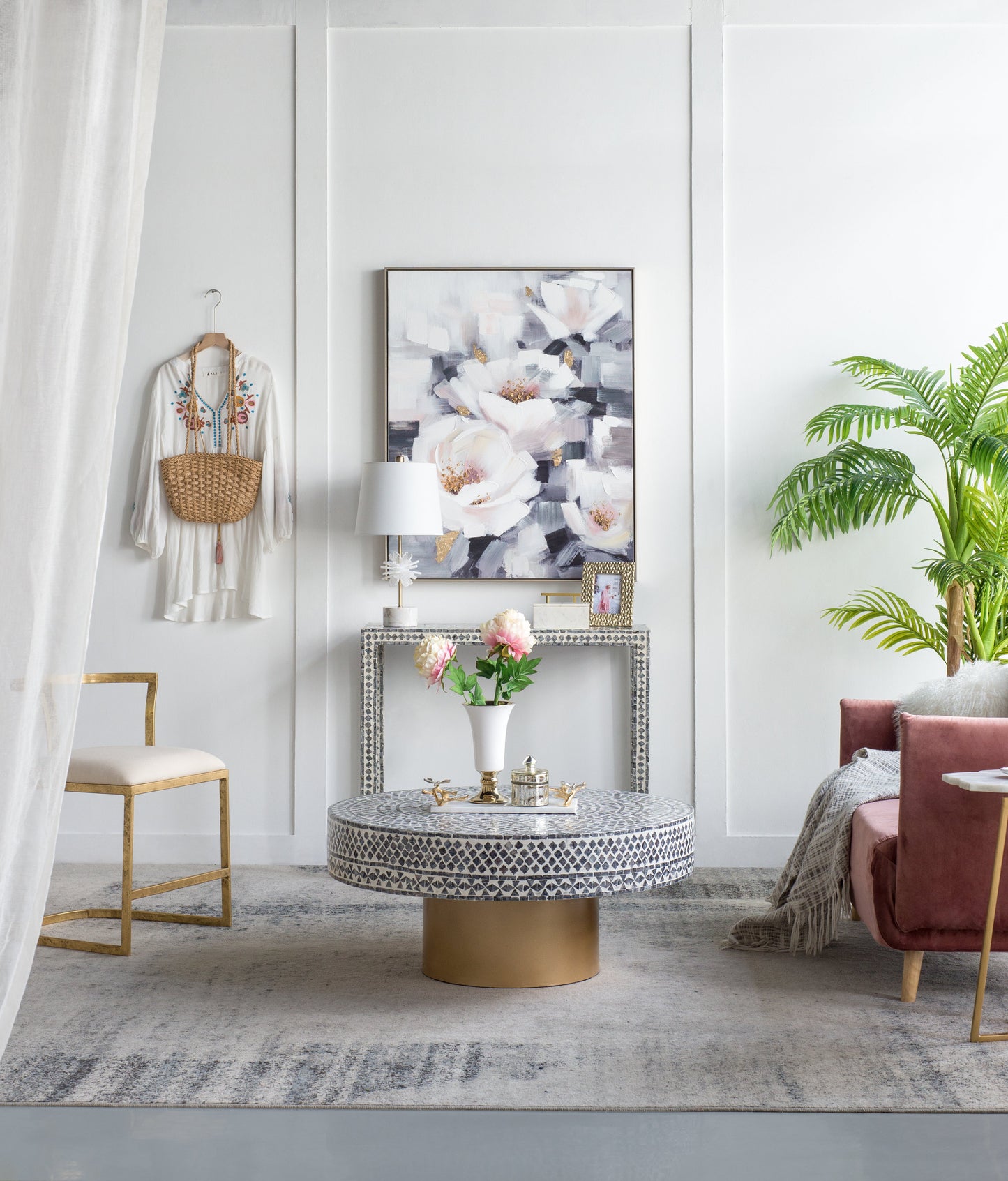 Alacrits Round Coffee Table with Capiz Design and Pedestal Base
