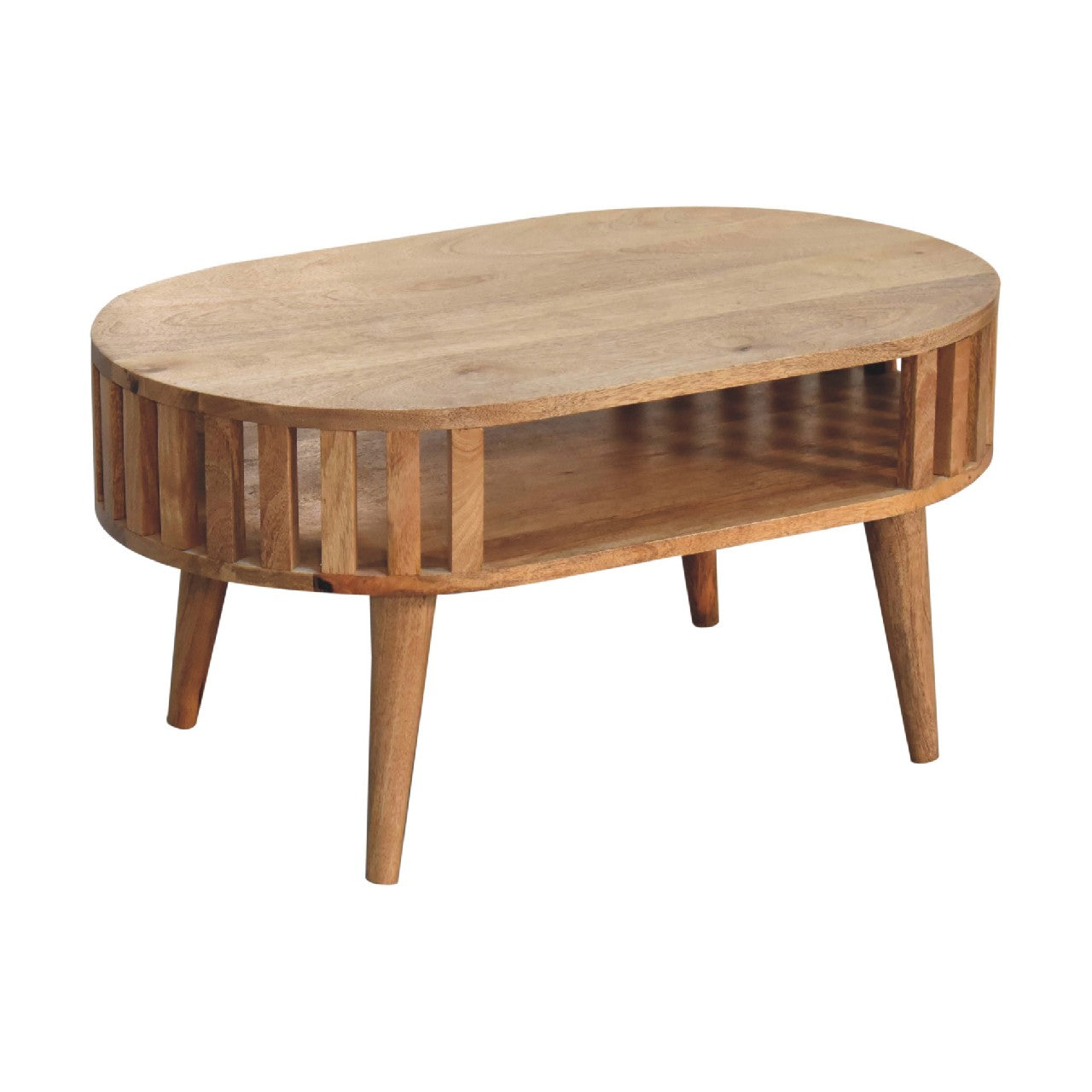 Alliance Oval Coffee Table with Open Shelf and Vertical Slats Side