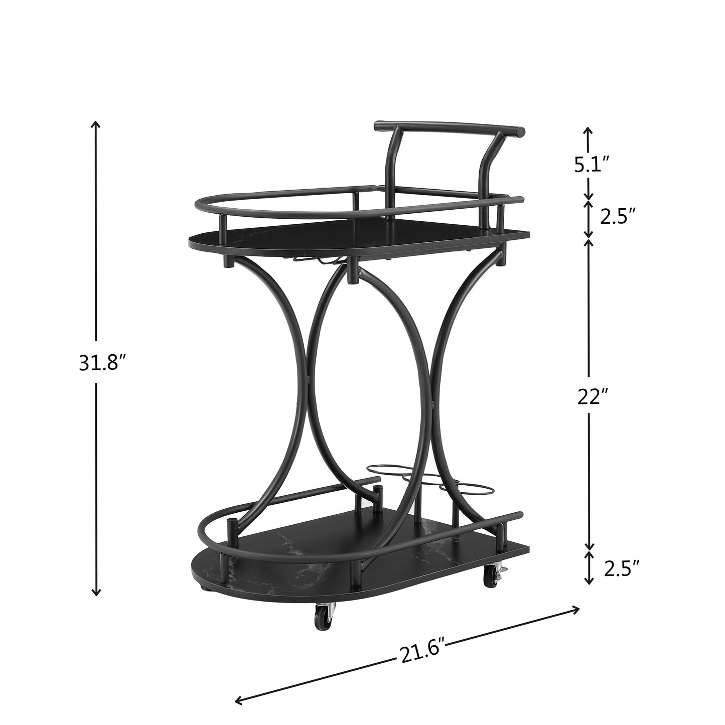 2-Tier Metal Bar Cart with Wine Rack and Glass Holder