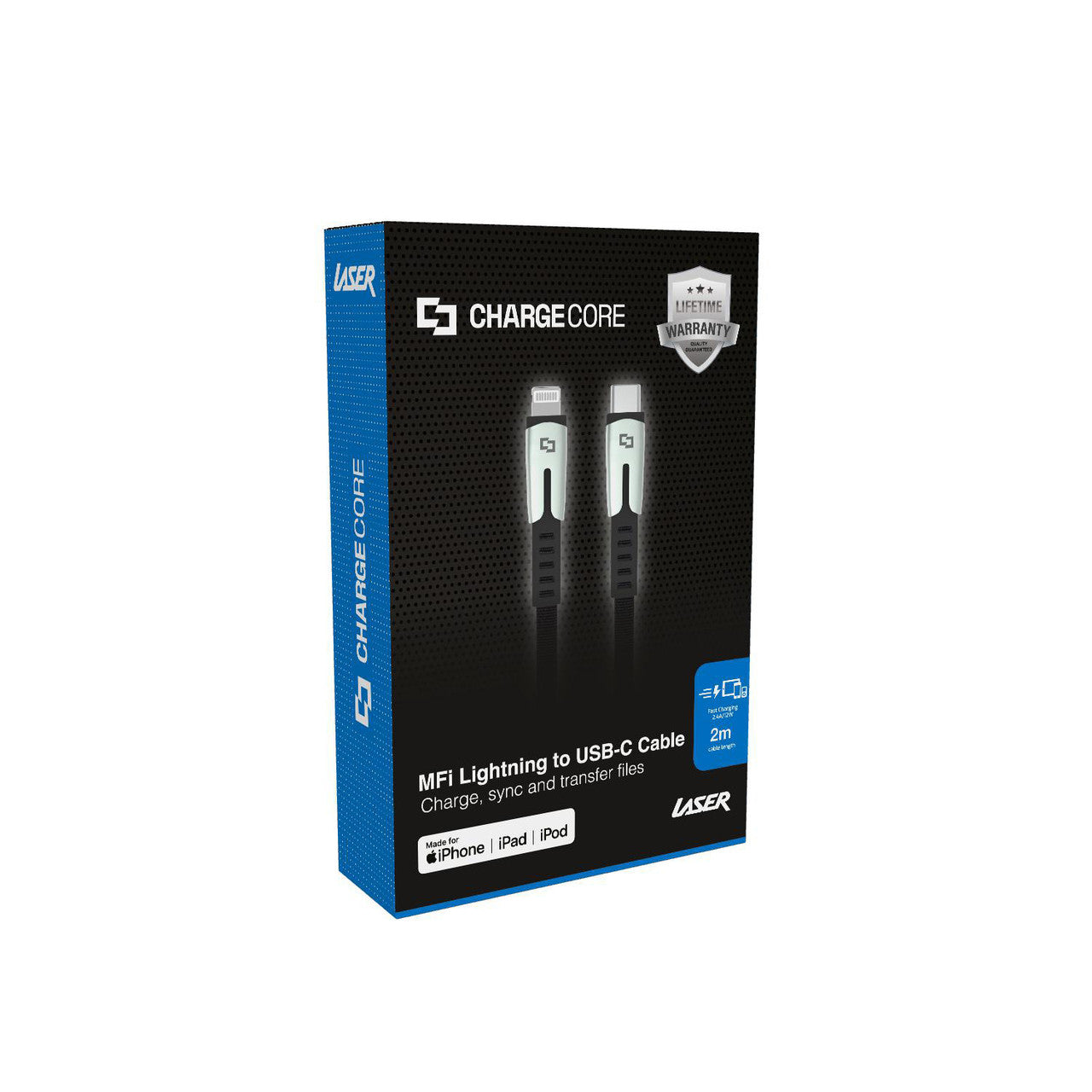 Laser 2m ChargeCore MFi Lightning to USB-C Cable