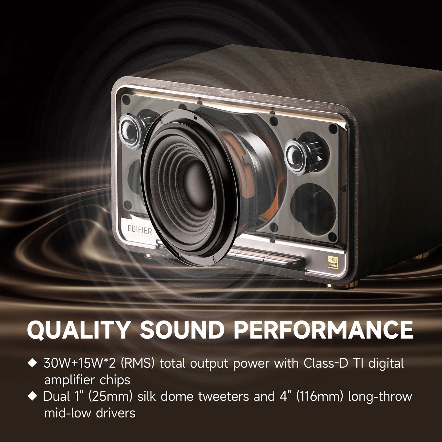 Edifier Tabletop Bluetooth Speakers Portable Wireless Speaker Wi-Fi Bluetooth Compatible AirPlay2 (Black Walnut)