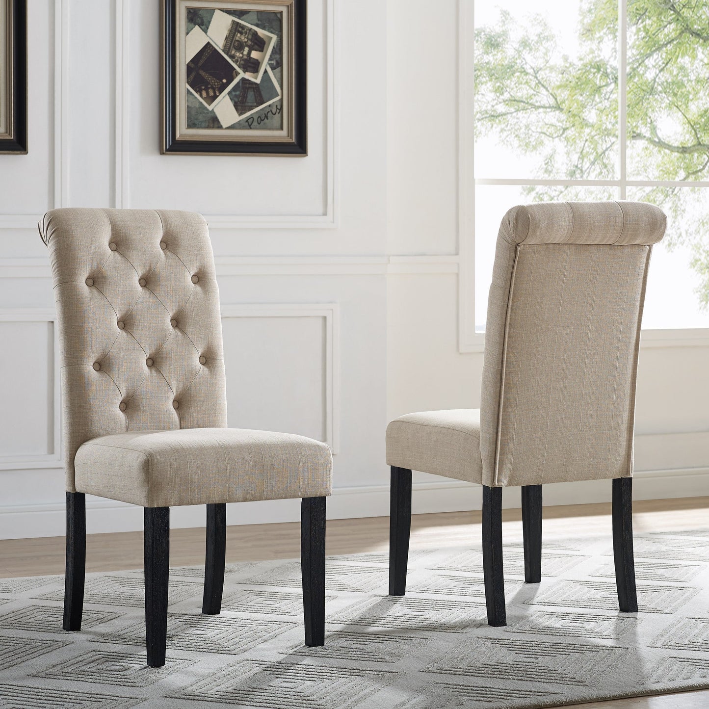 Upholstered Button-Tufted Dining Chair with Armless Design and Rolled Back, Set of 2