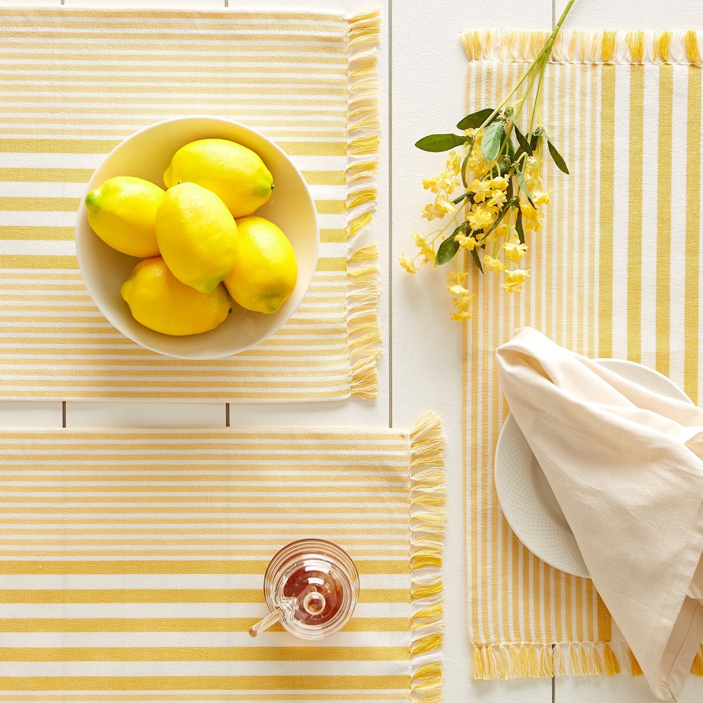 Deep Yellow Stripes With Fringe Placemats, Set Of 6