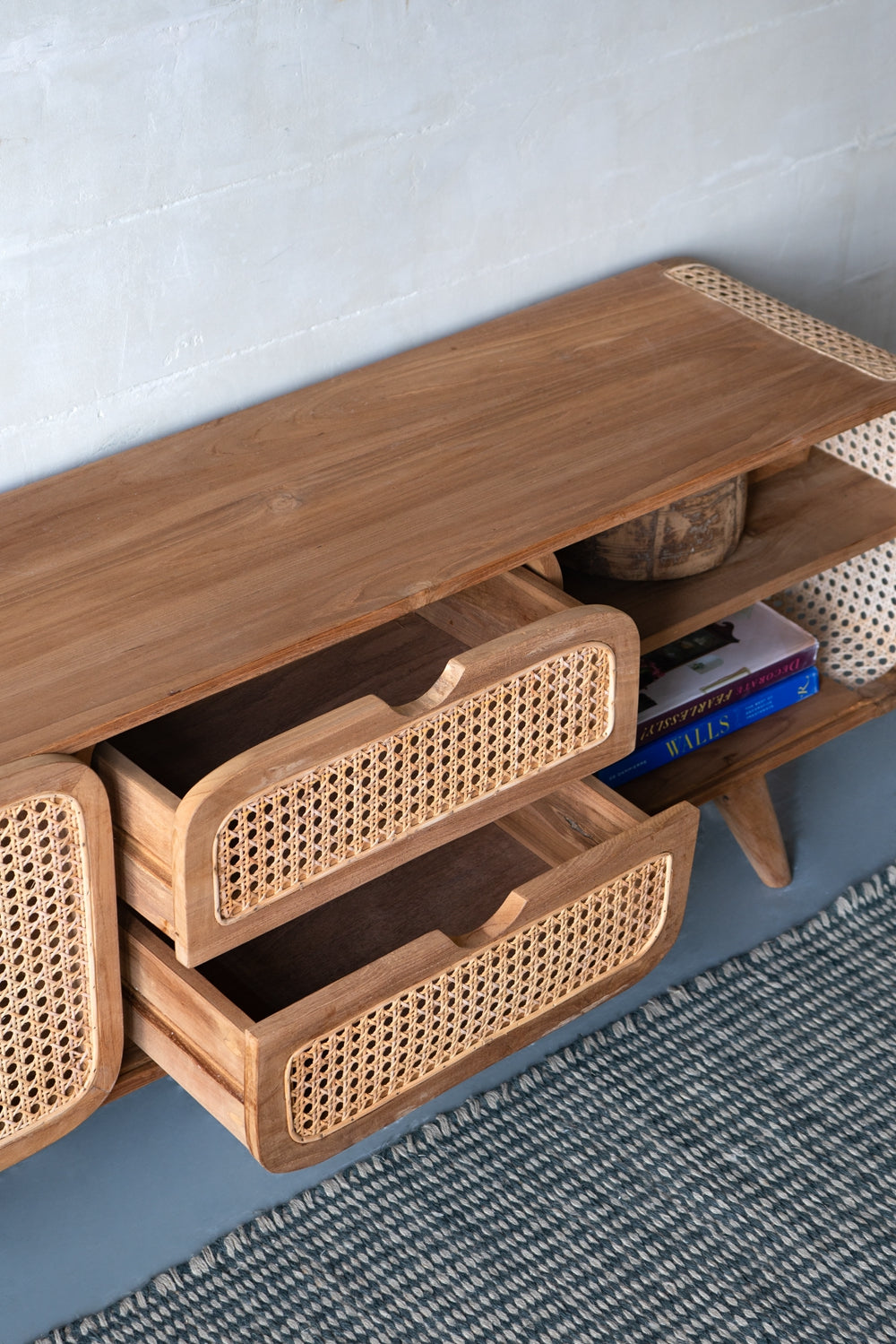 Wood and Rattan Cabinet with Curved Frame, 2 Drawers and Shelves