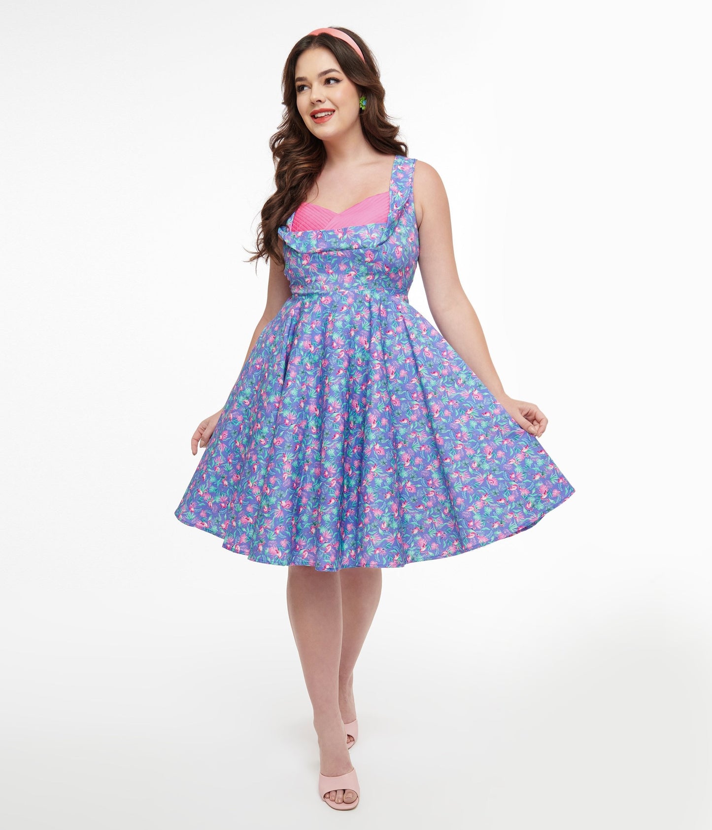 Dolly & Dotty 1950s Purple & Pink Flamingo Leaf Print Grace Swing Dress