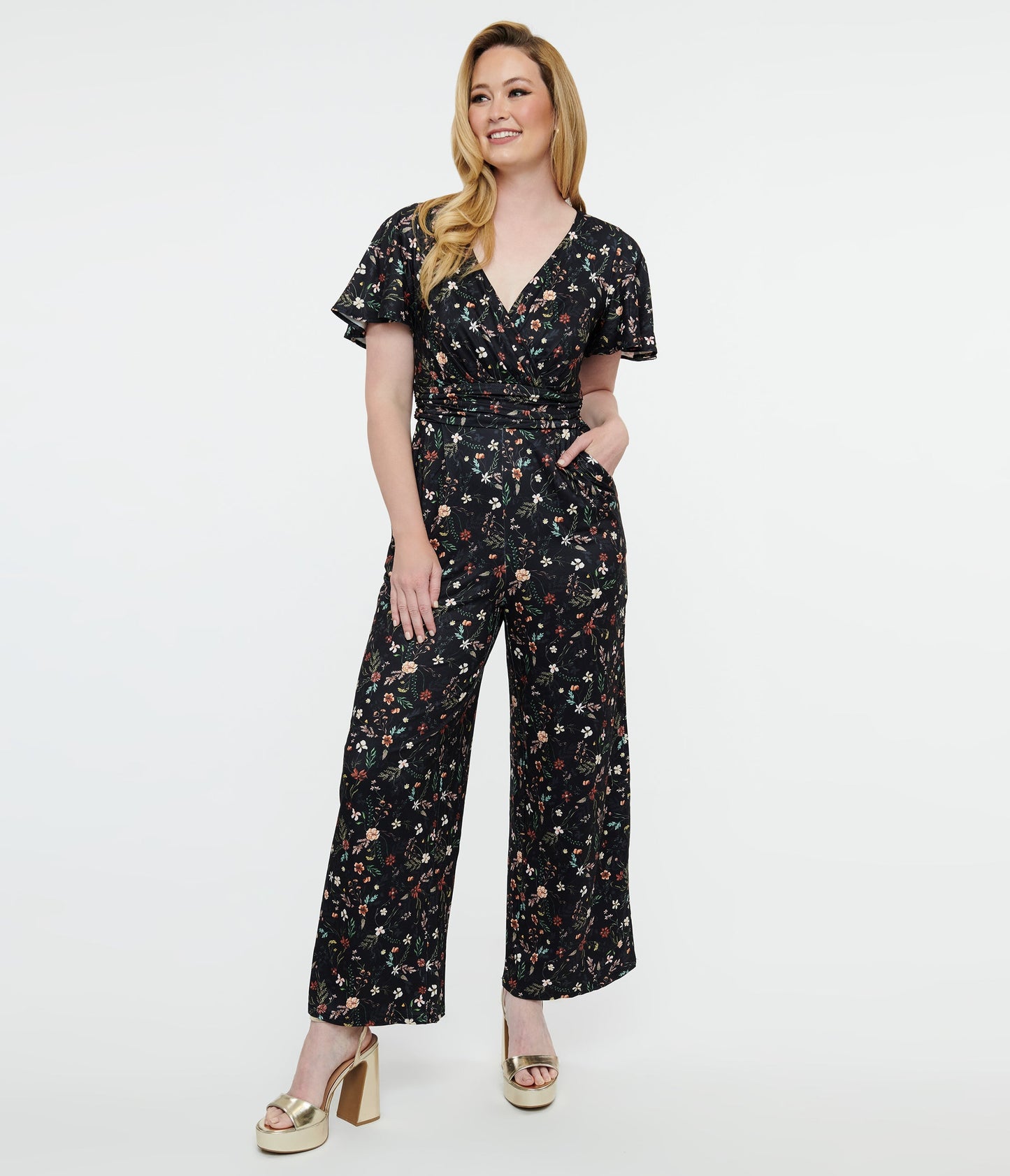 Dolly & Dotty Black Floral Meadow Butterfly Sleeve Jumpsuit