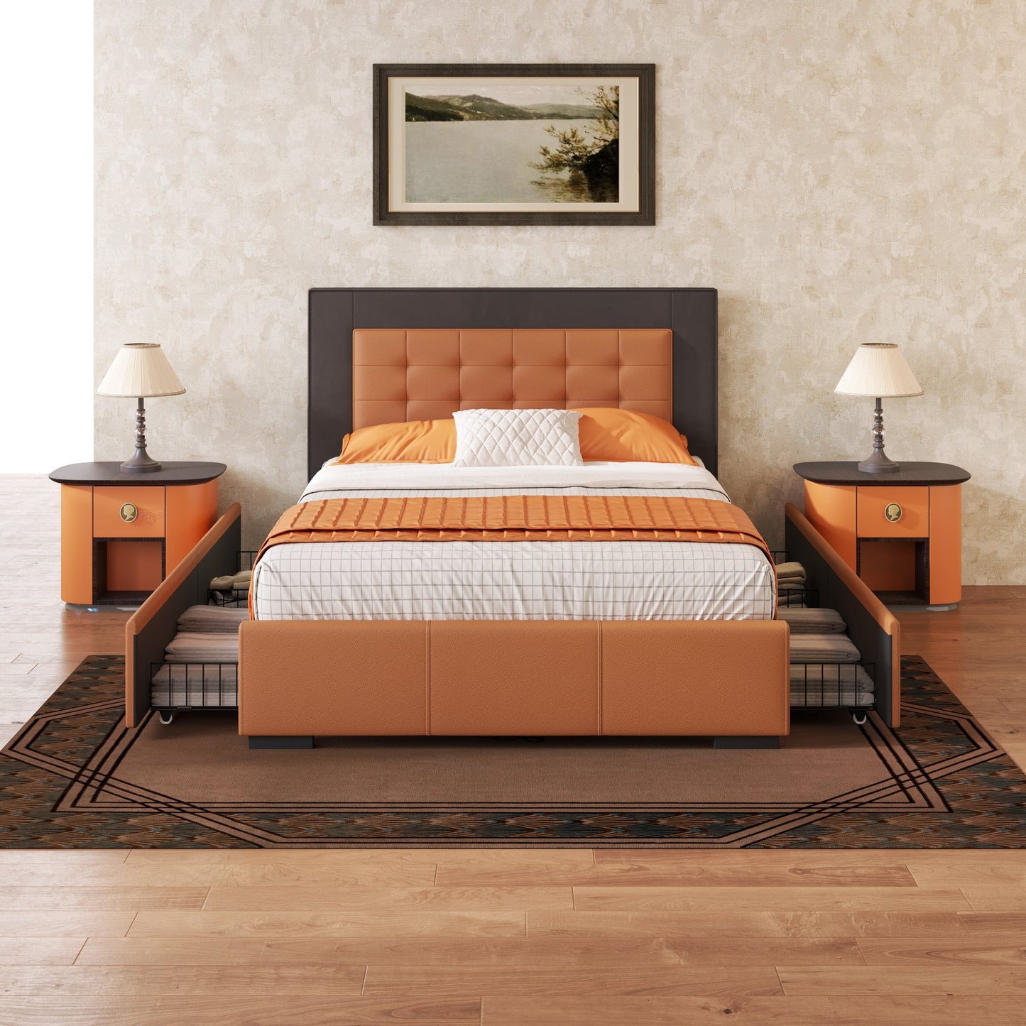 Drapersun Upholstered Queen Platform Bed with Four Drawers