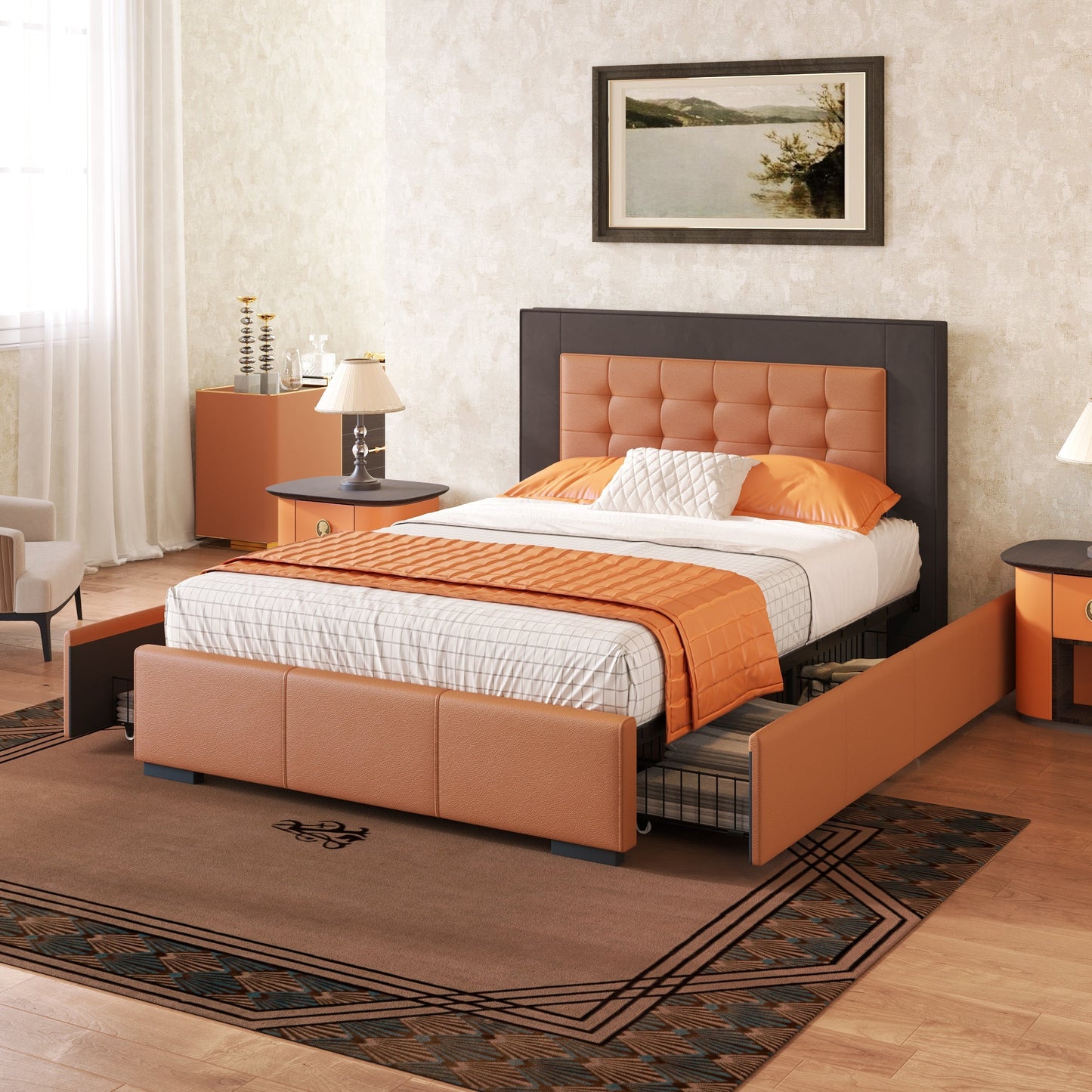 Drapersun Upholstered Queen Platform Bed with Four Drawers