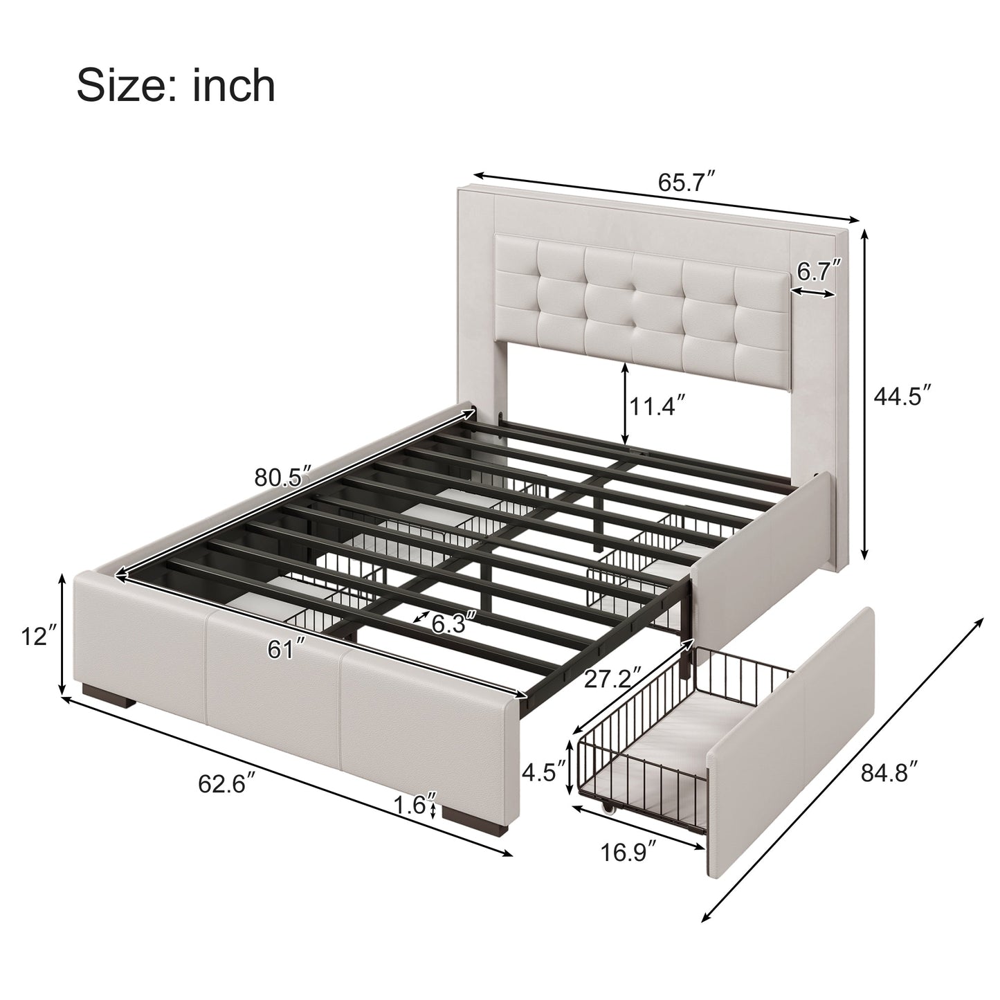 Drapersun Upholstered Queen Platform Bed with Four Drawers