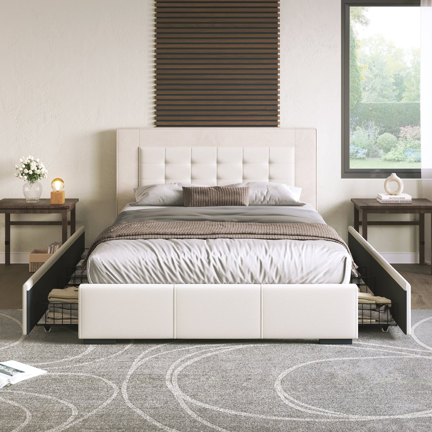Drapersun Upholstered Queen Platform Bed with Four Drawers