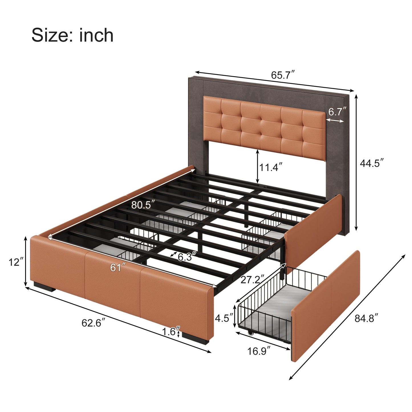 Drapersun Upholstered Queen Platform Bed with Four Drawers