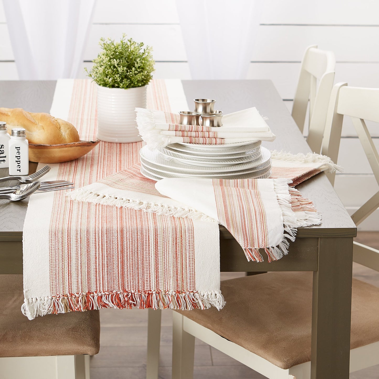 Pimento Striped Fringe Ribbed Table Runner 14X108