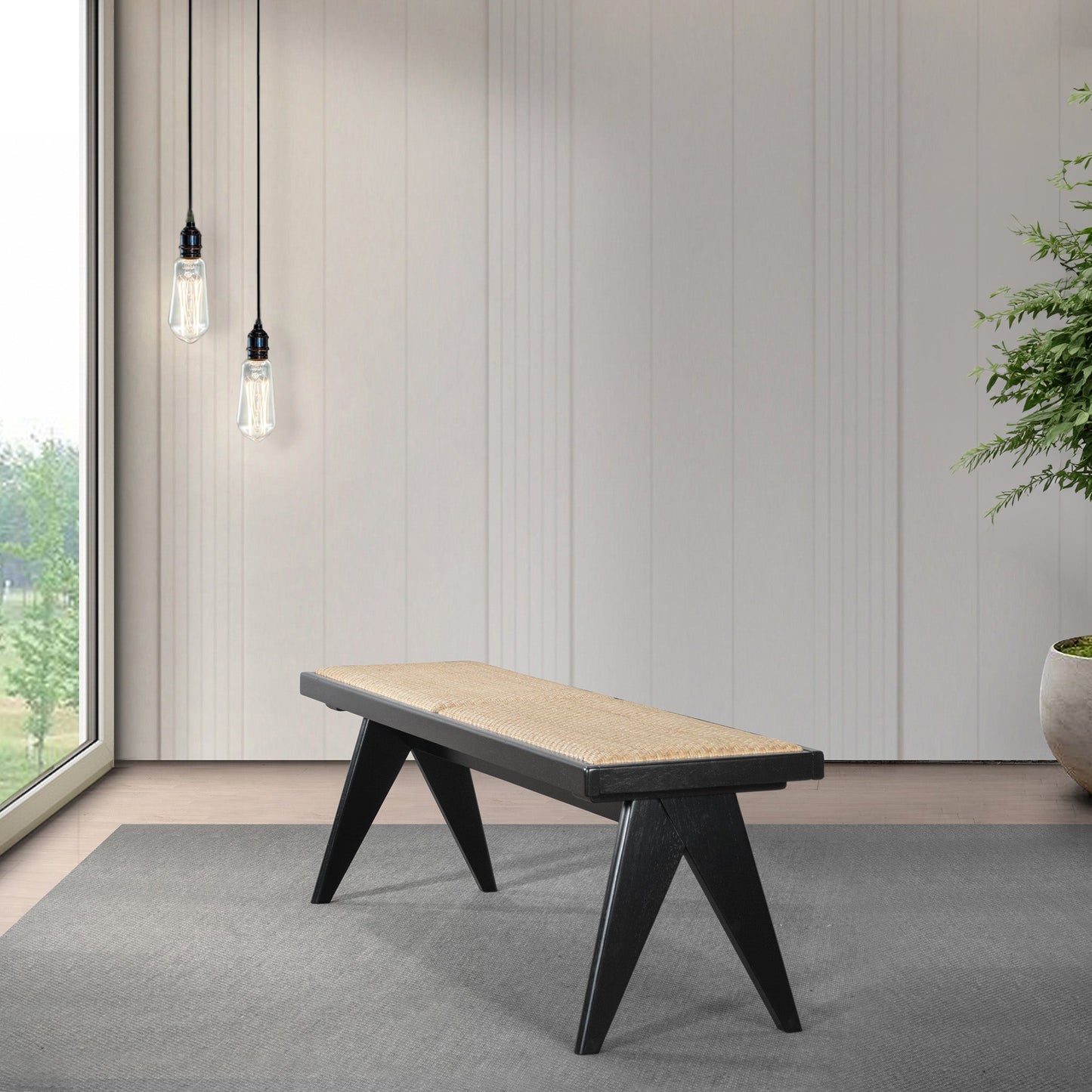 Solid Wood Bench with Natural Rattan Top