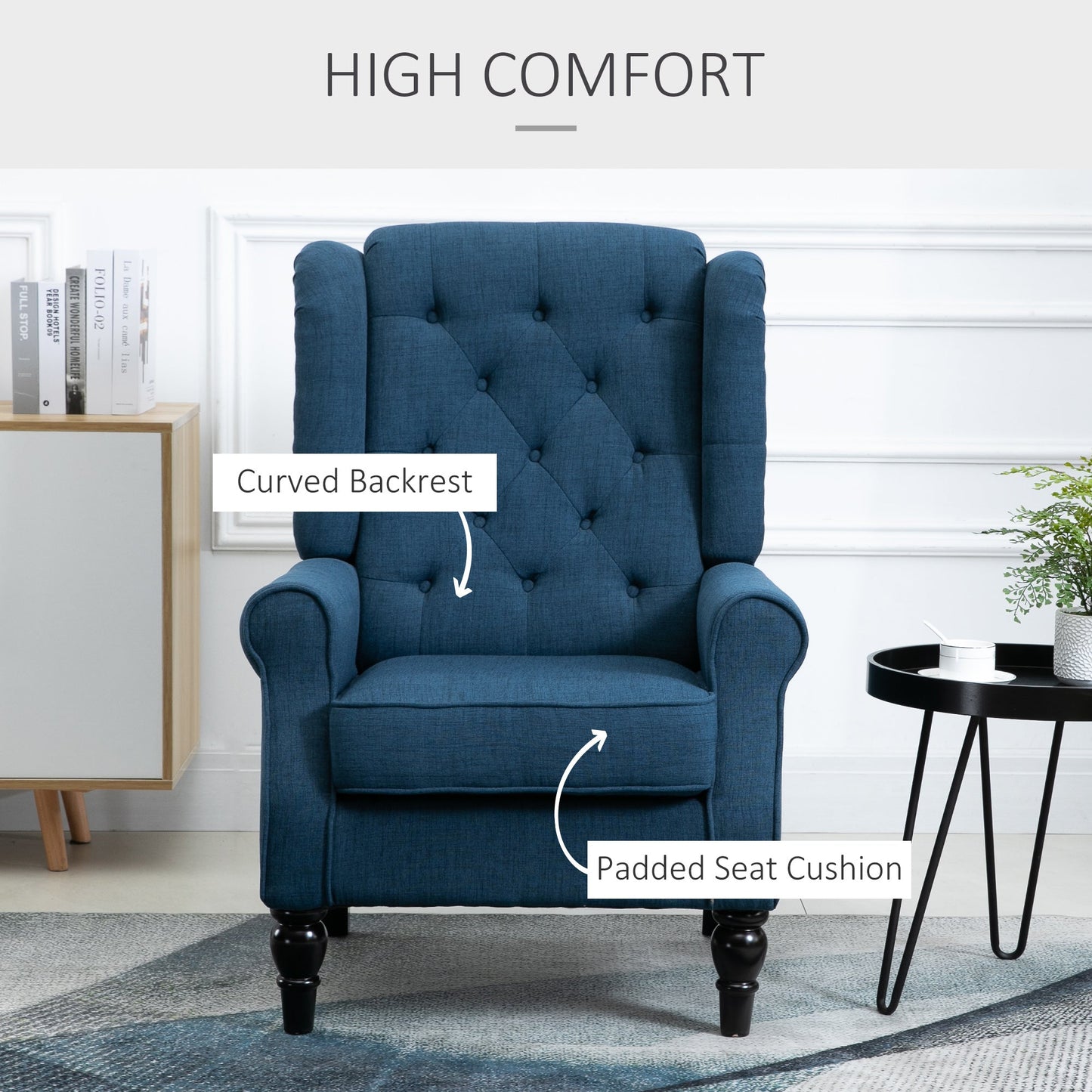 Button Tufted Upholstered Accent Chair with Wing Back and Rolled Arms