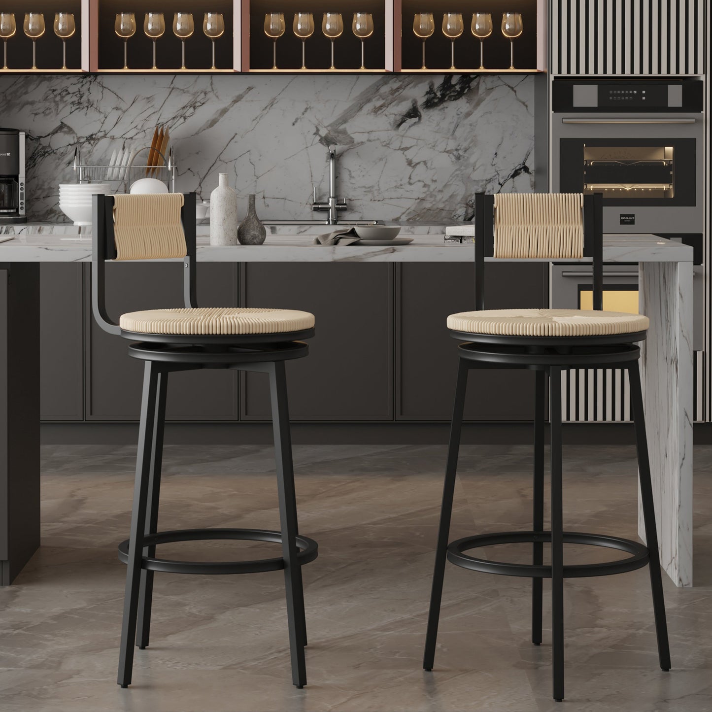 Hand Woven Rope Bar Stool with Swivel Seat and Footrest, Set of 2