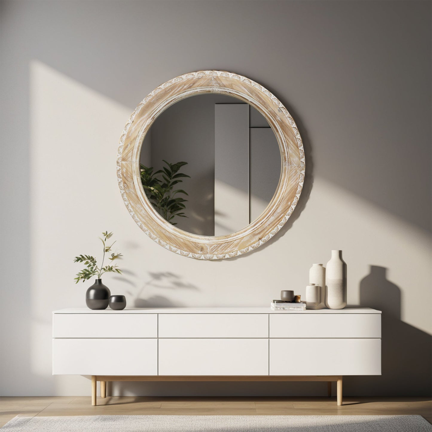 Round Wall Mirror with Carved Frame