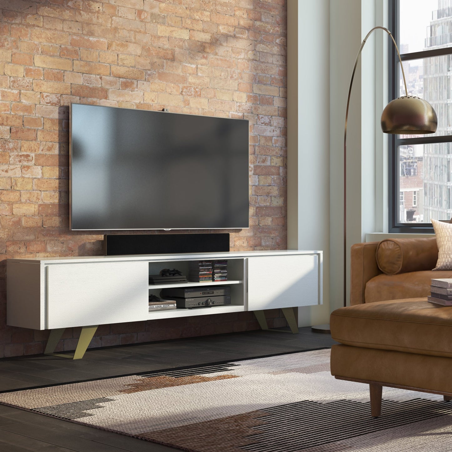 Pioneer TV Stand for TVs Up To 70 Inches with 2 Side Doors, Open Central Shelves and Metal Angled Legs