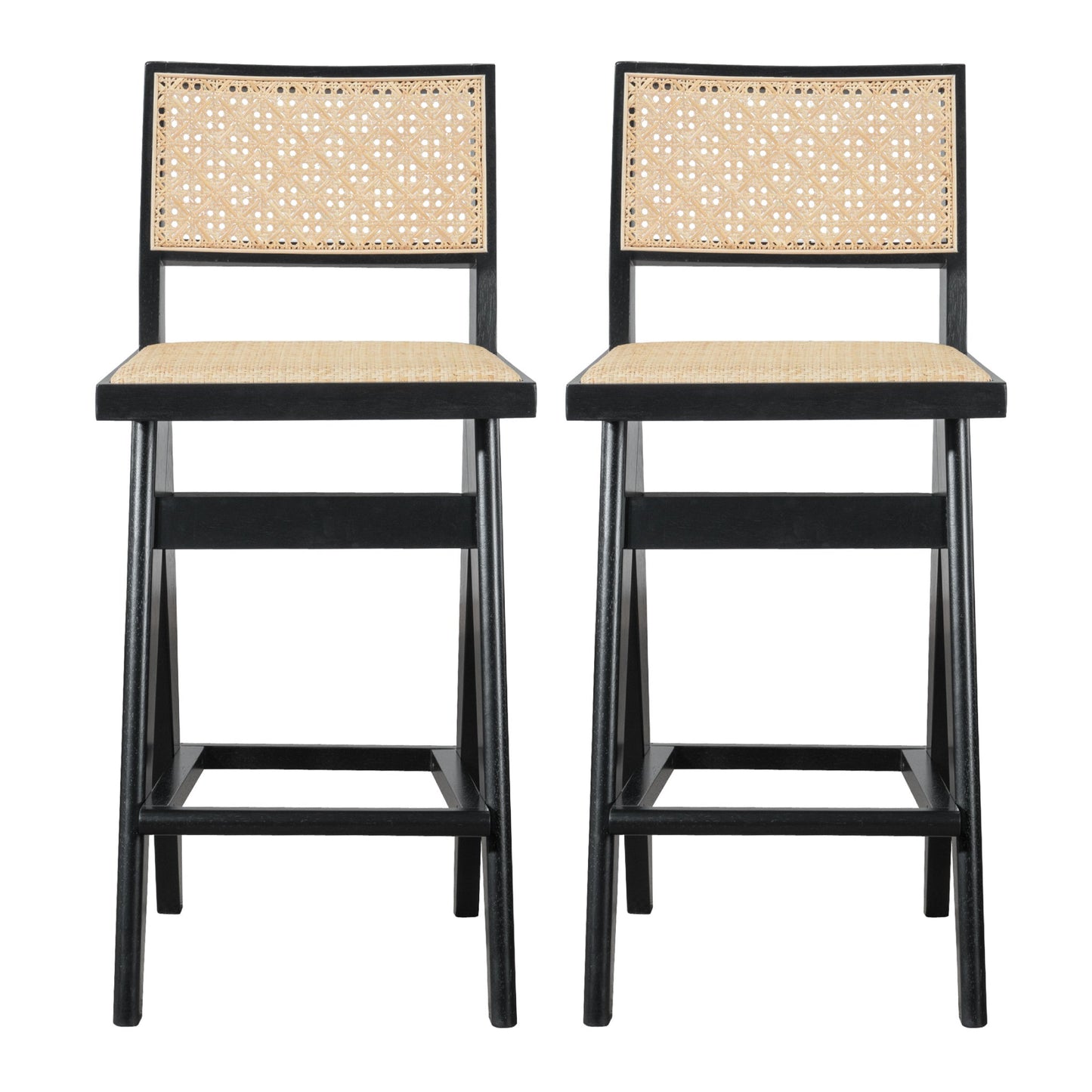 Rattan Bar Stool with Footrest and Open Back Design, Set of 2