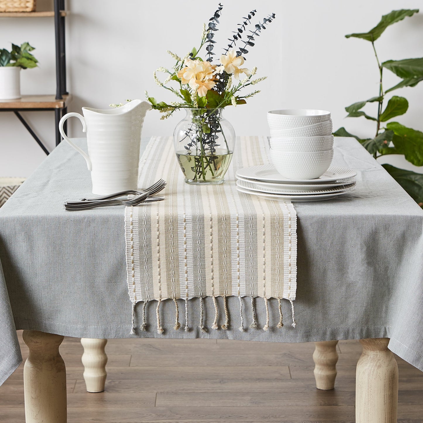 Natural Tonal Stripe With Fringe Table Runner 14X72