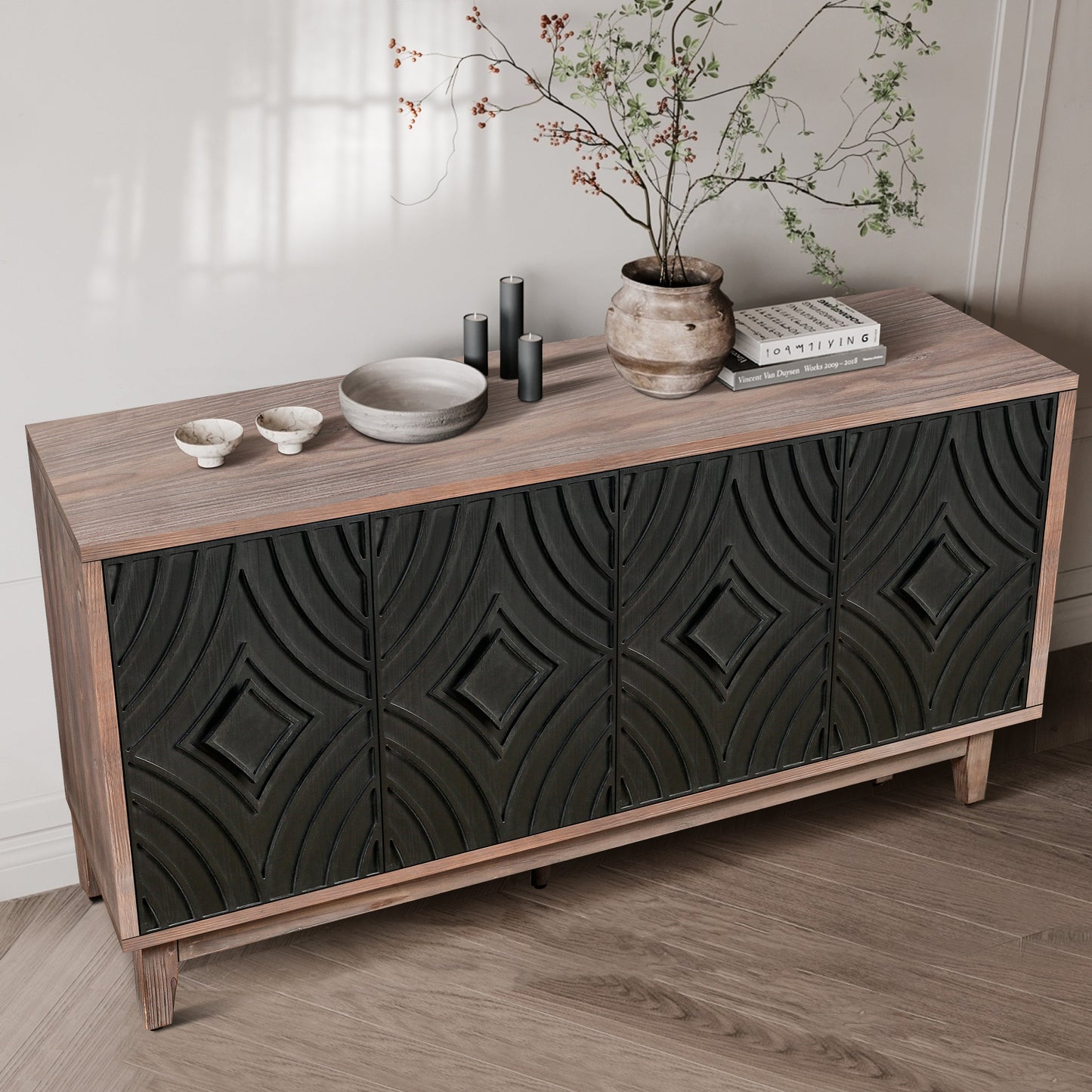 Storage Cabinet with 4 Convex Pattern Diamond Doors and Shelves