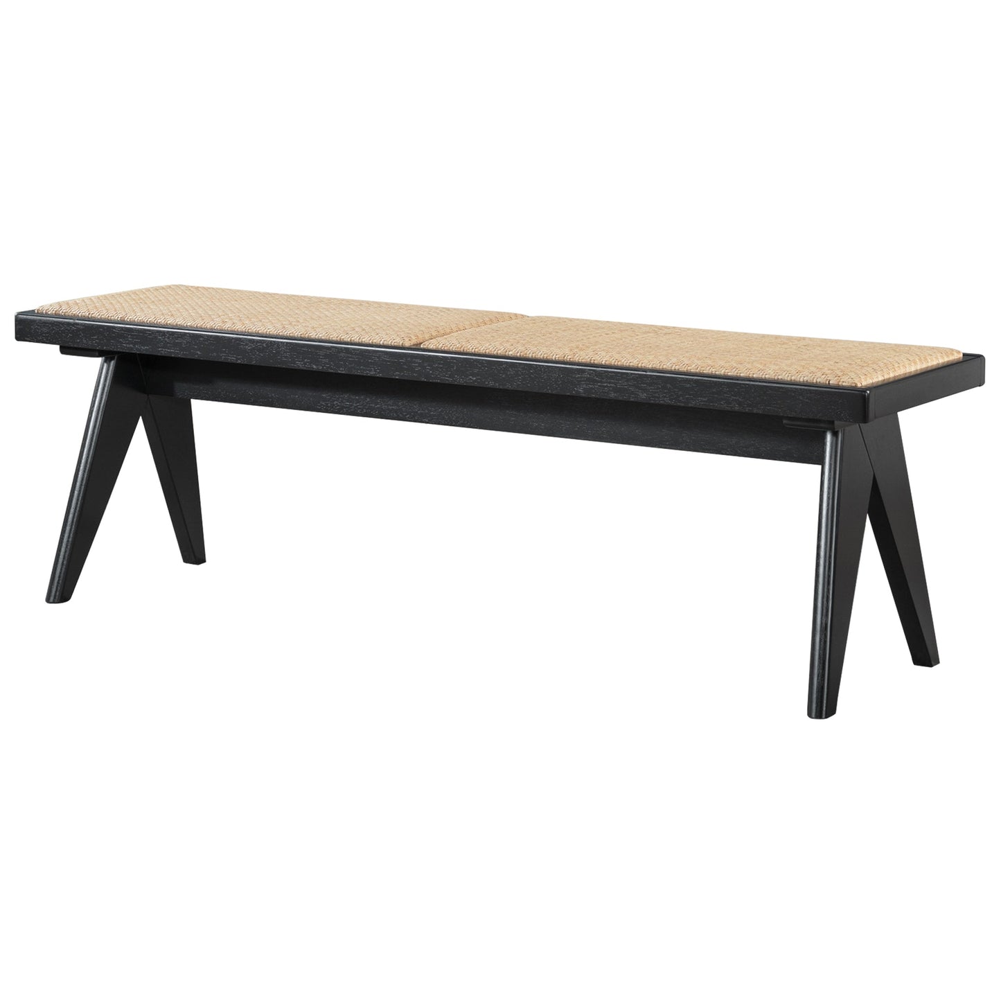 Solid Wood Bench with Natural Rattan Top