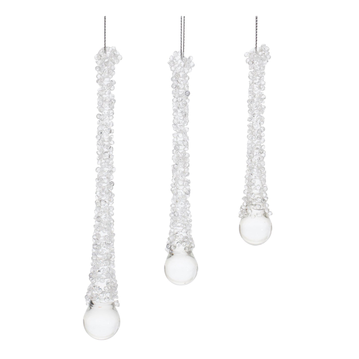 Clear Beaded Glass Icicle Drop Ornament, Set of 12