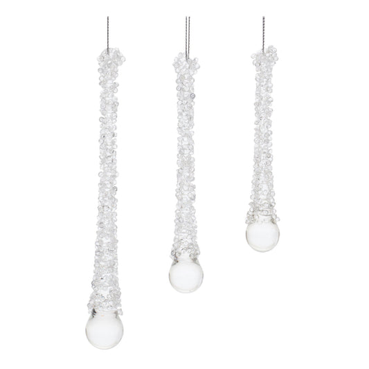 Clear Beaded Glass Icicle Drop Ornament, Set of 12
