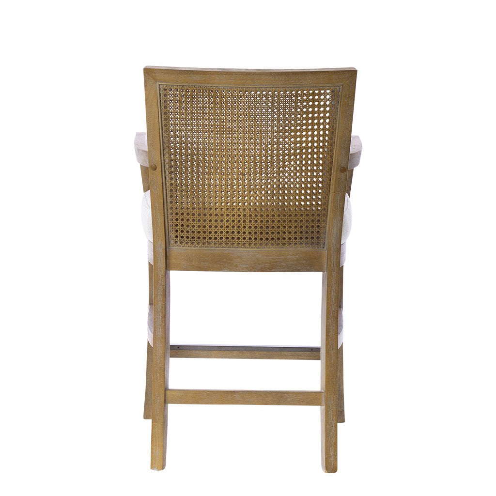 Upholstered Counter Stool with Cane Back and Open Arm Design