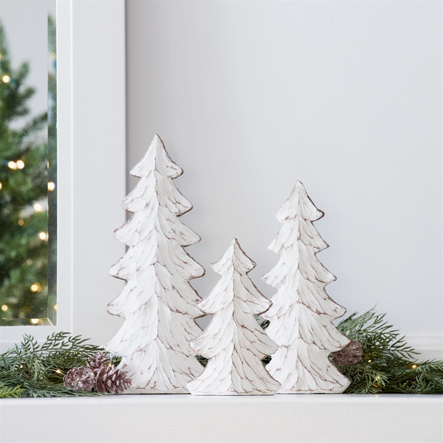 Carved Wood Design Holiday Tree Decor, Set of 3