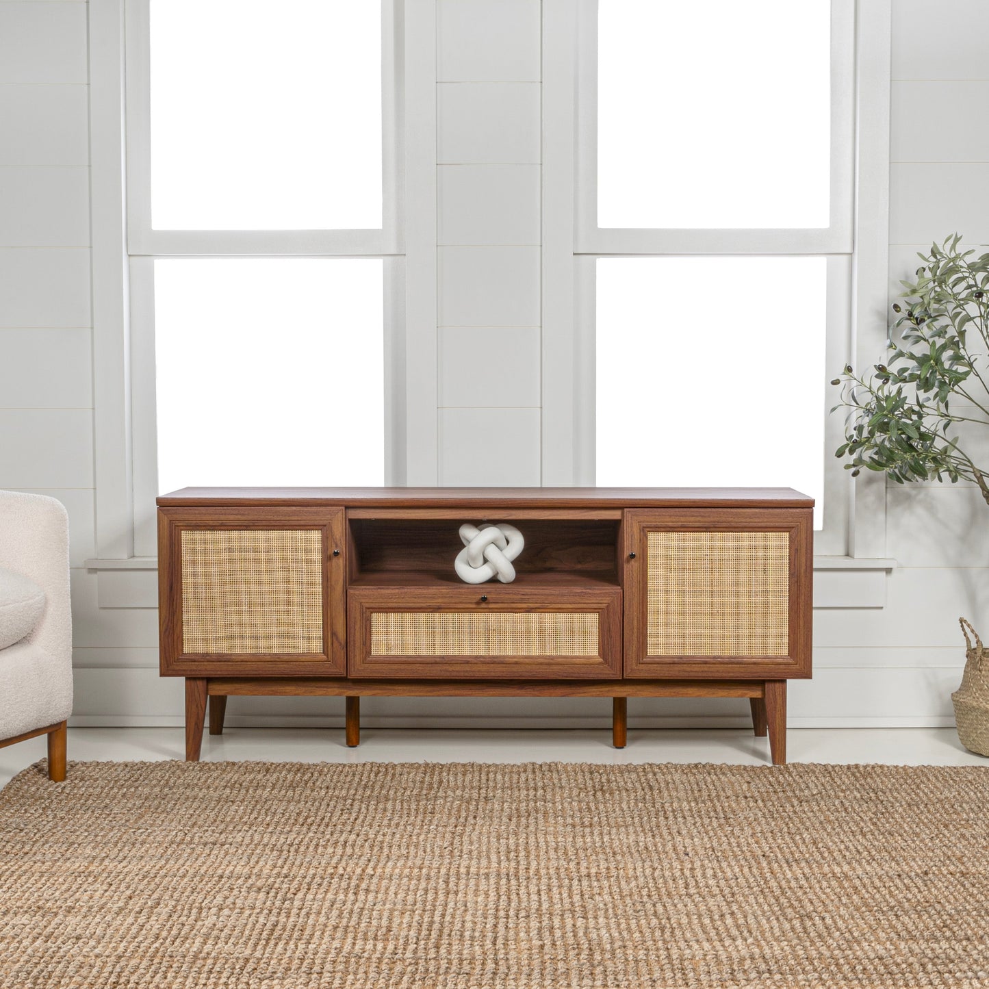 Caned TV Stand, Drawer, Storage Doors Fits TVs up to 65", Cable Management