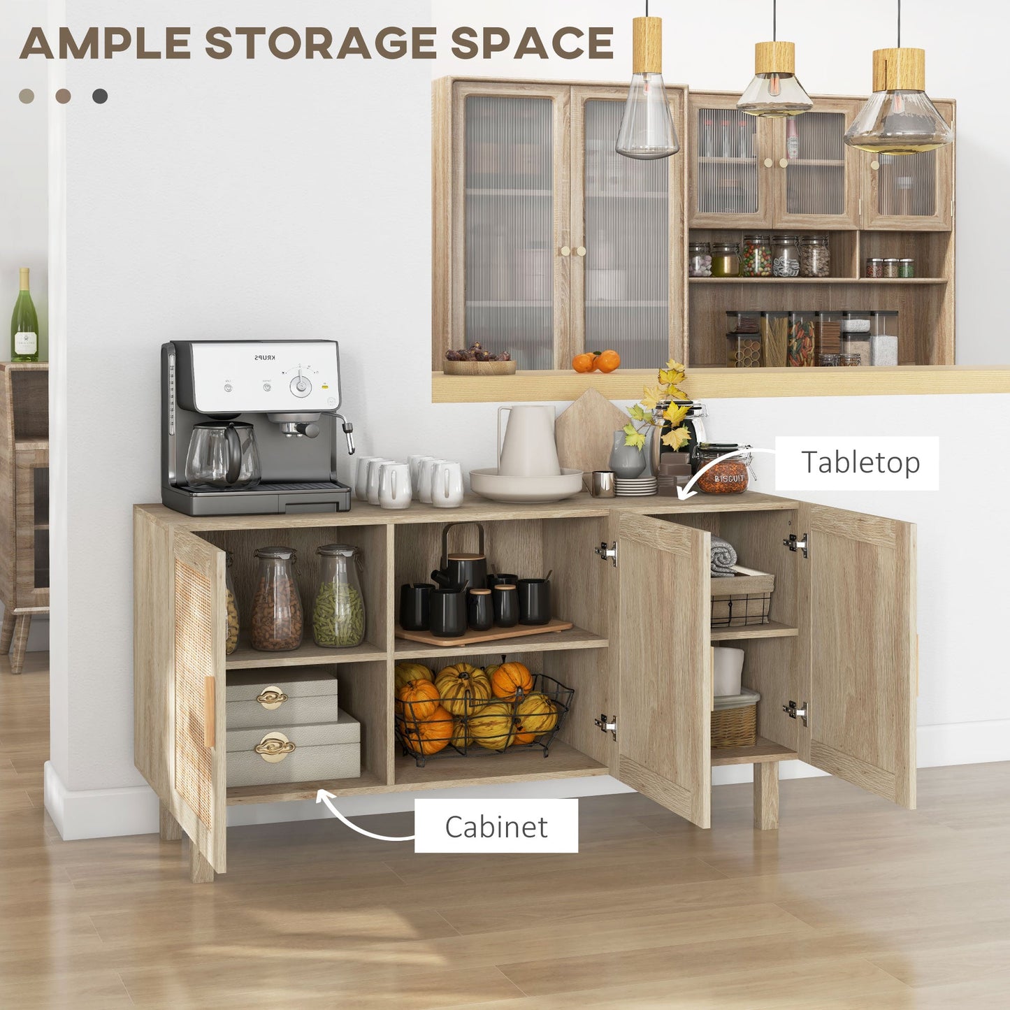 Particle Board Cabinet with 3 Rattan Doors and Adjustable Shelves