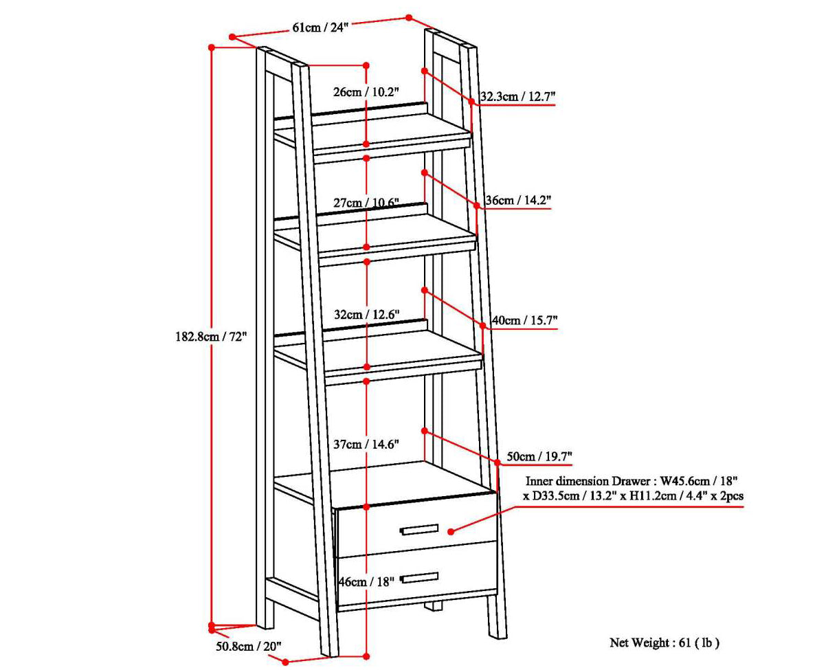 Daze Solid Wood Ladder Shelf with 4 Shelves and 2 Drawers