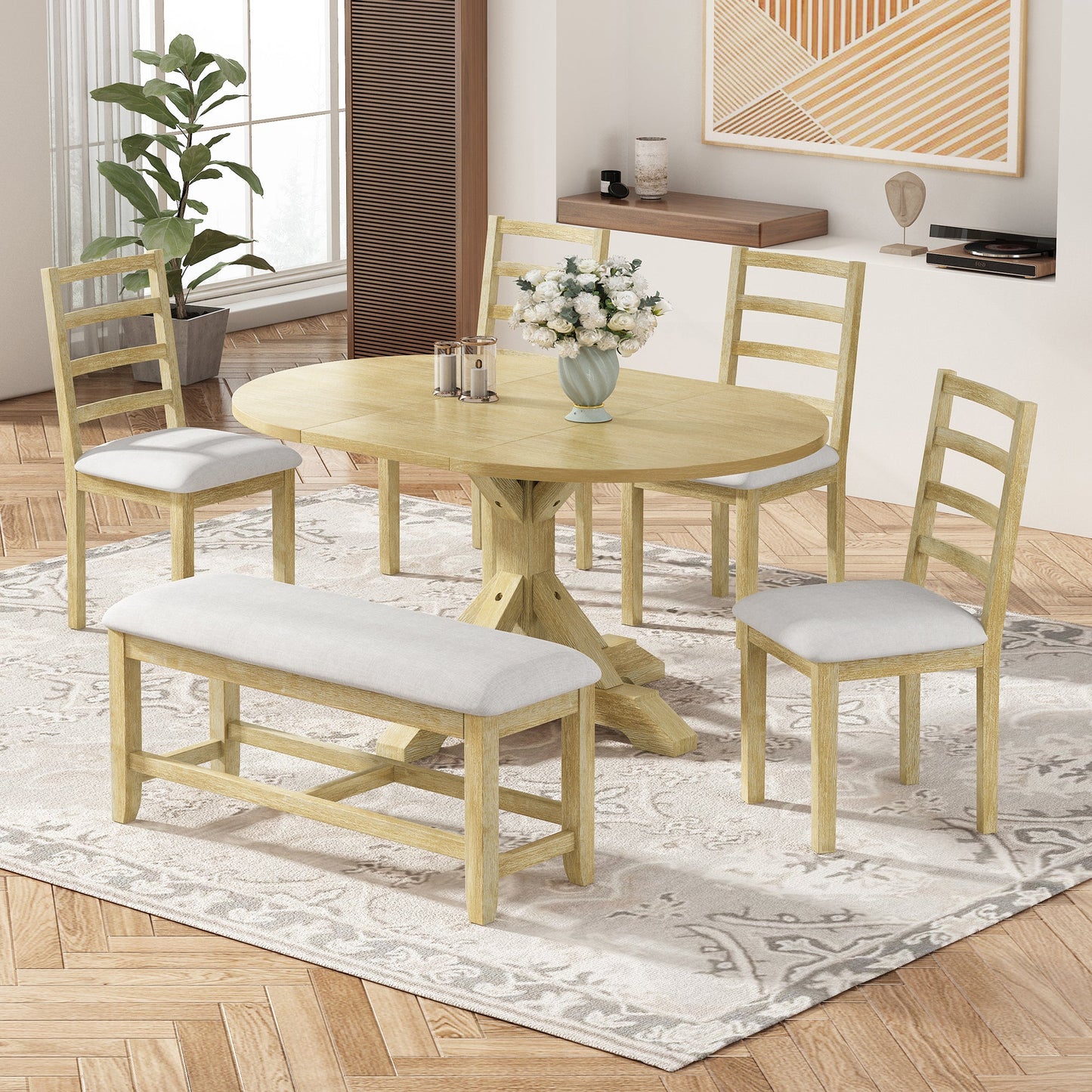 Kivor 6-Piece Dining Set with Extendable Table, Bench and 4 Ladder-Back Chairs