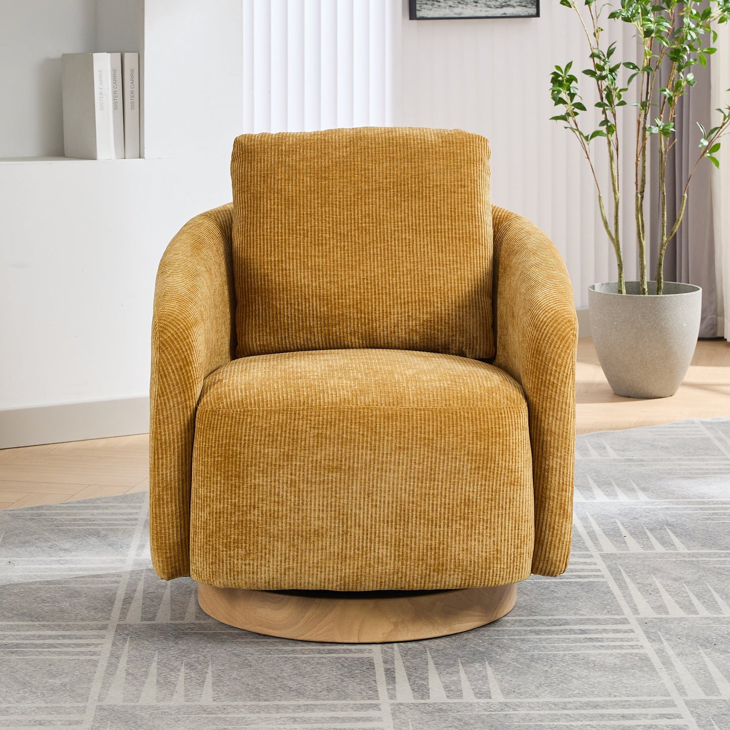 Actuator Upholstered Barrel Chair with 360-Degree Swivel Base and Curved Arms