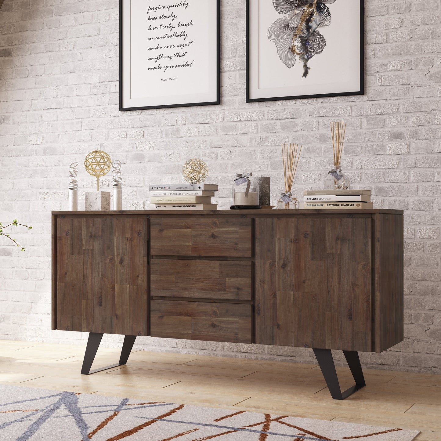 Peak 2-Door Buffet Cabinet with 3 Drawers and Metal Angled Legs