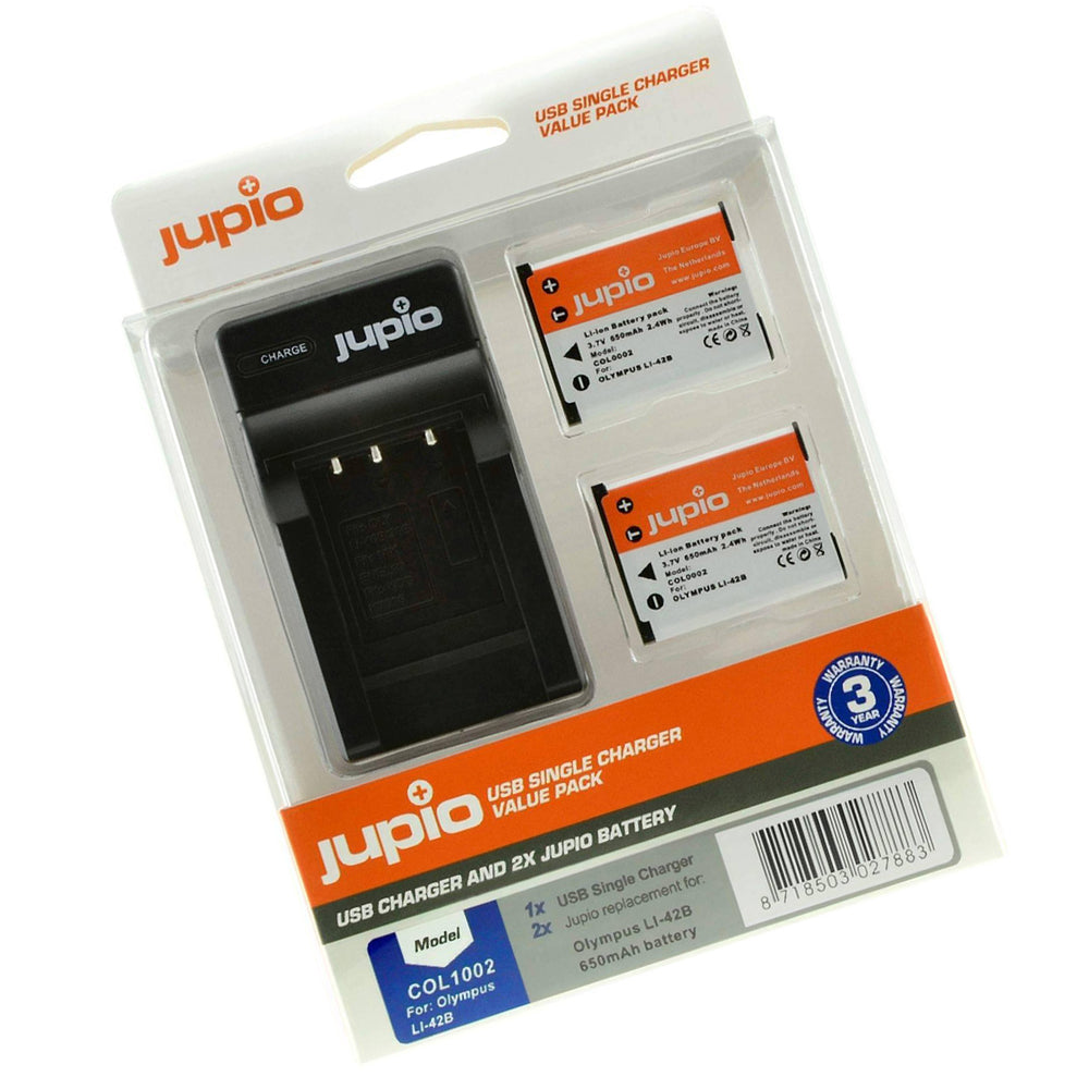 Jupio 2x Battery 650mAh & USB Single Charger For Olympus Li40B/D-Li63