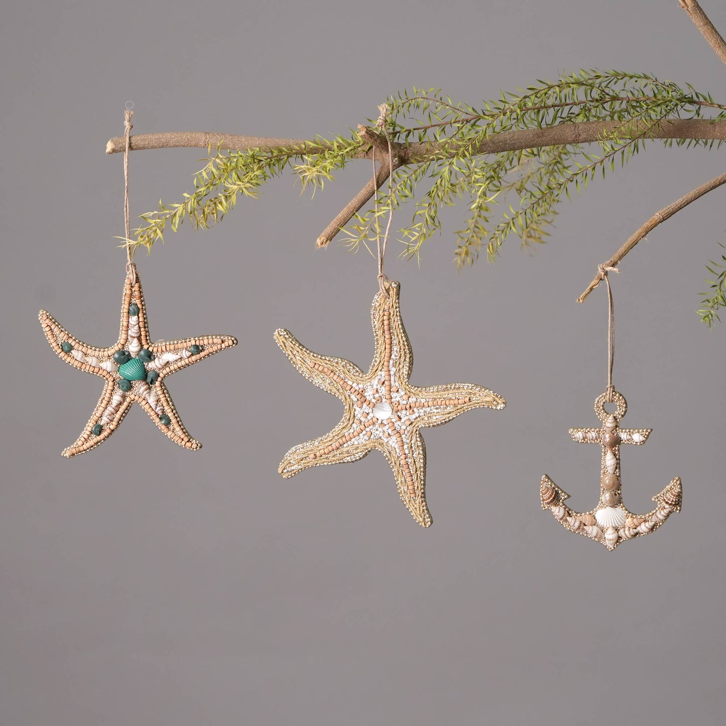 Shell & Glass Beaded Lac Anchor Ornament, Set of 6