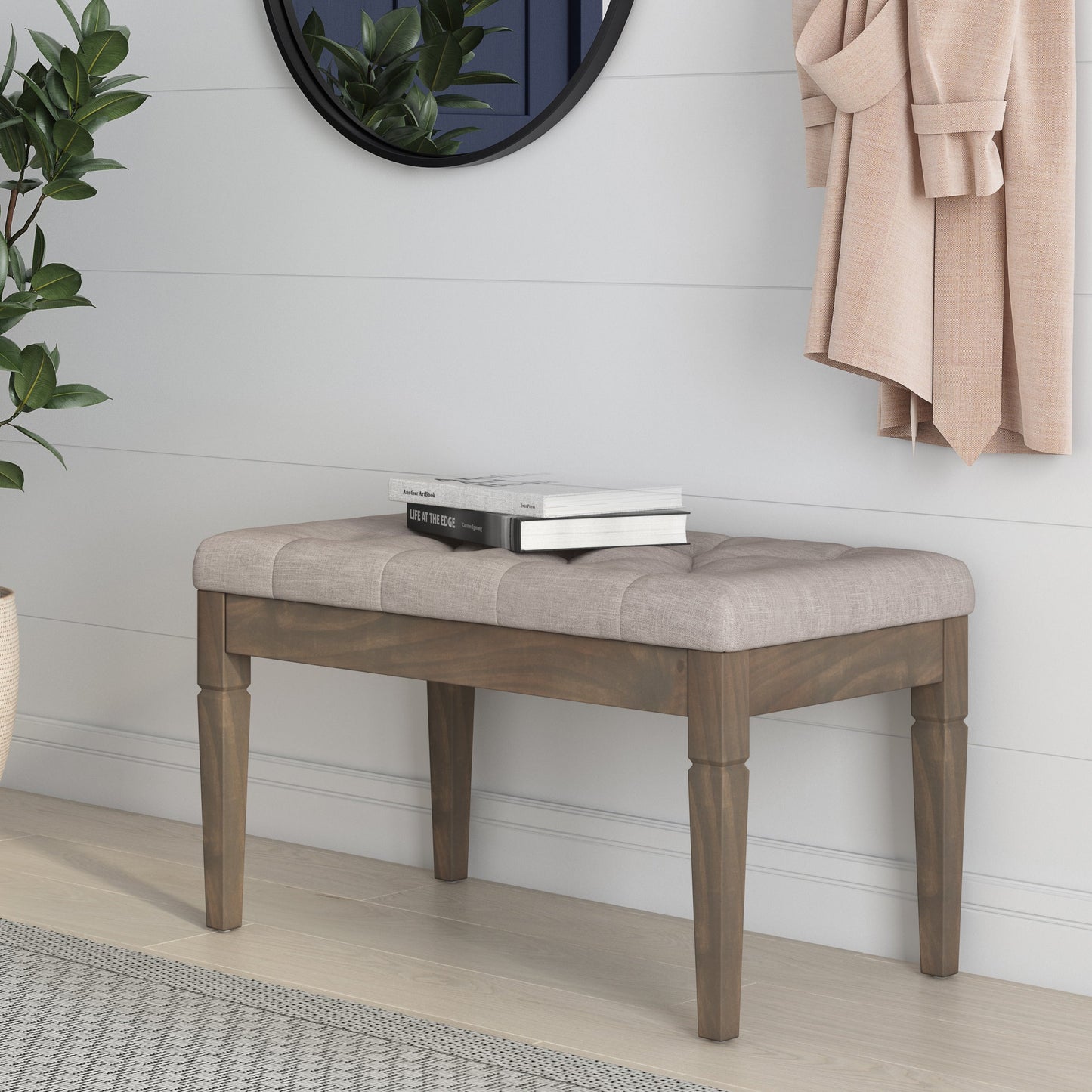 Flourishing Small Upholstered Tufted Ottoman Bench with Carved Legs