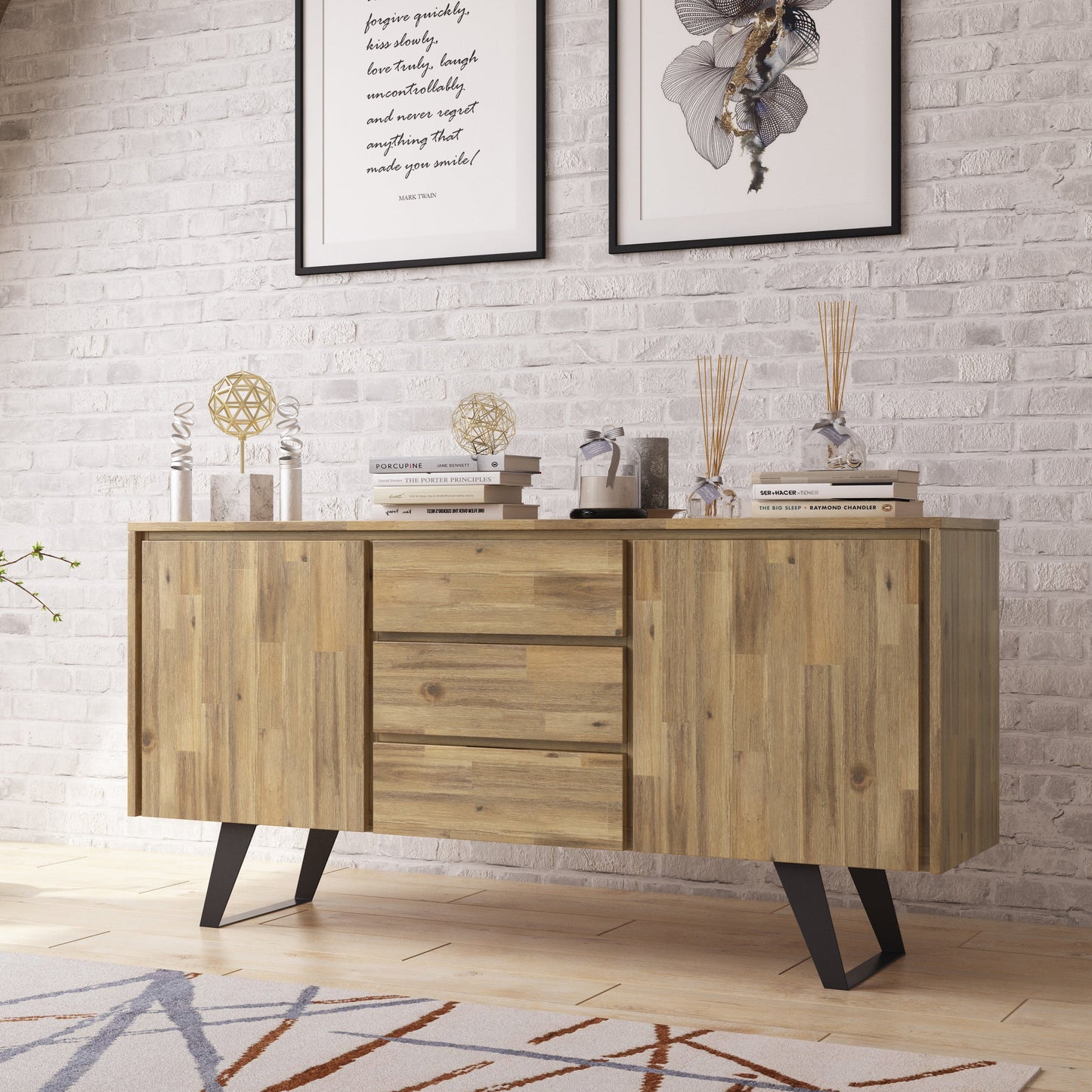 Peak 2-Door Buffet Cabinet with 3 Drawers and Metal Angled Legs